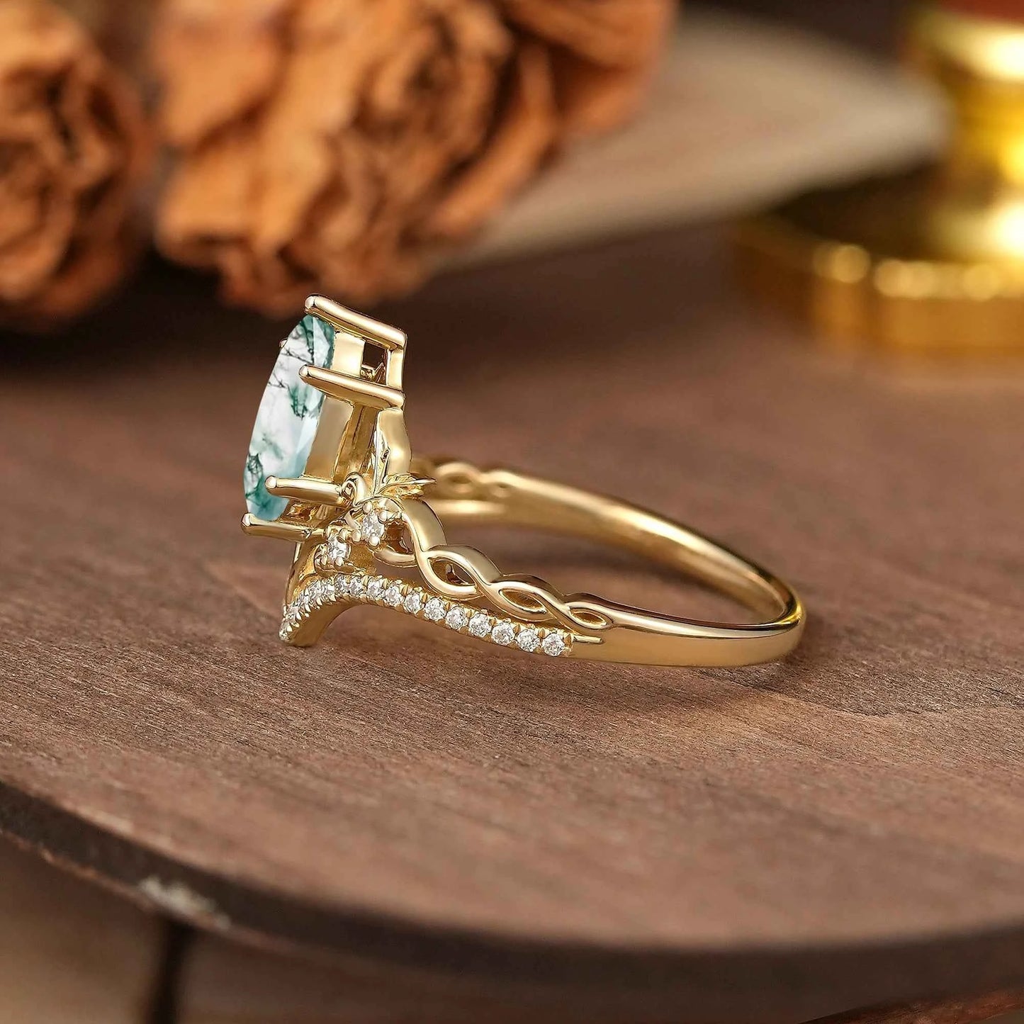 Marquise Cut Moss Agate Leaf And Vine Inspired Elven Engagement Ring