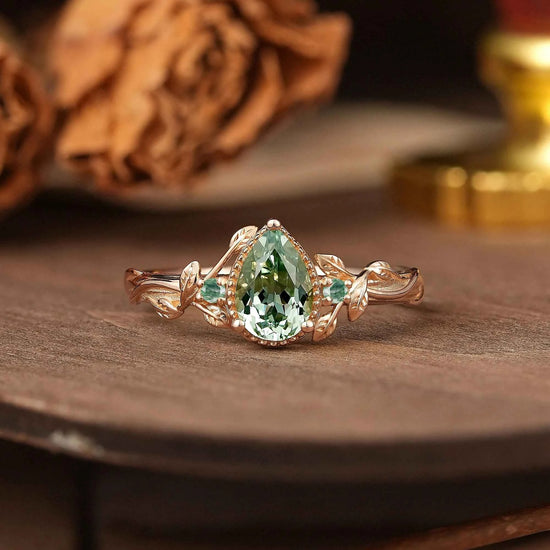 Pear Cut Green Sapphire Nature Inspired Milgrain Engagement Ring