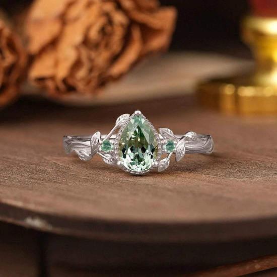 Pear Cut Green Sapphire Nature Inspired Milgrain Engagement Ring