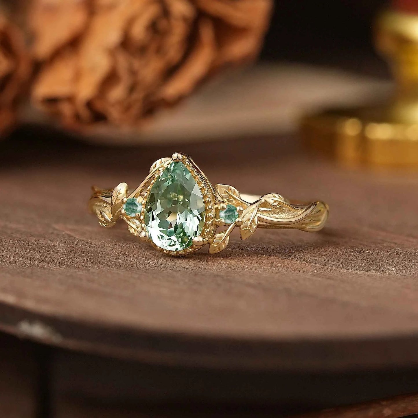 Pear Cut Green Sapphire Nature Inspired Milgrain Engagement Ring