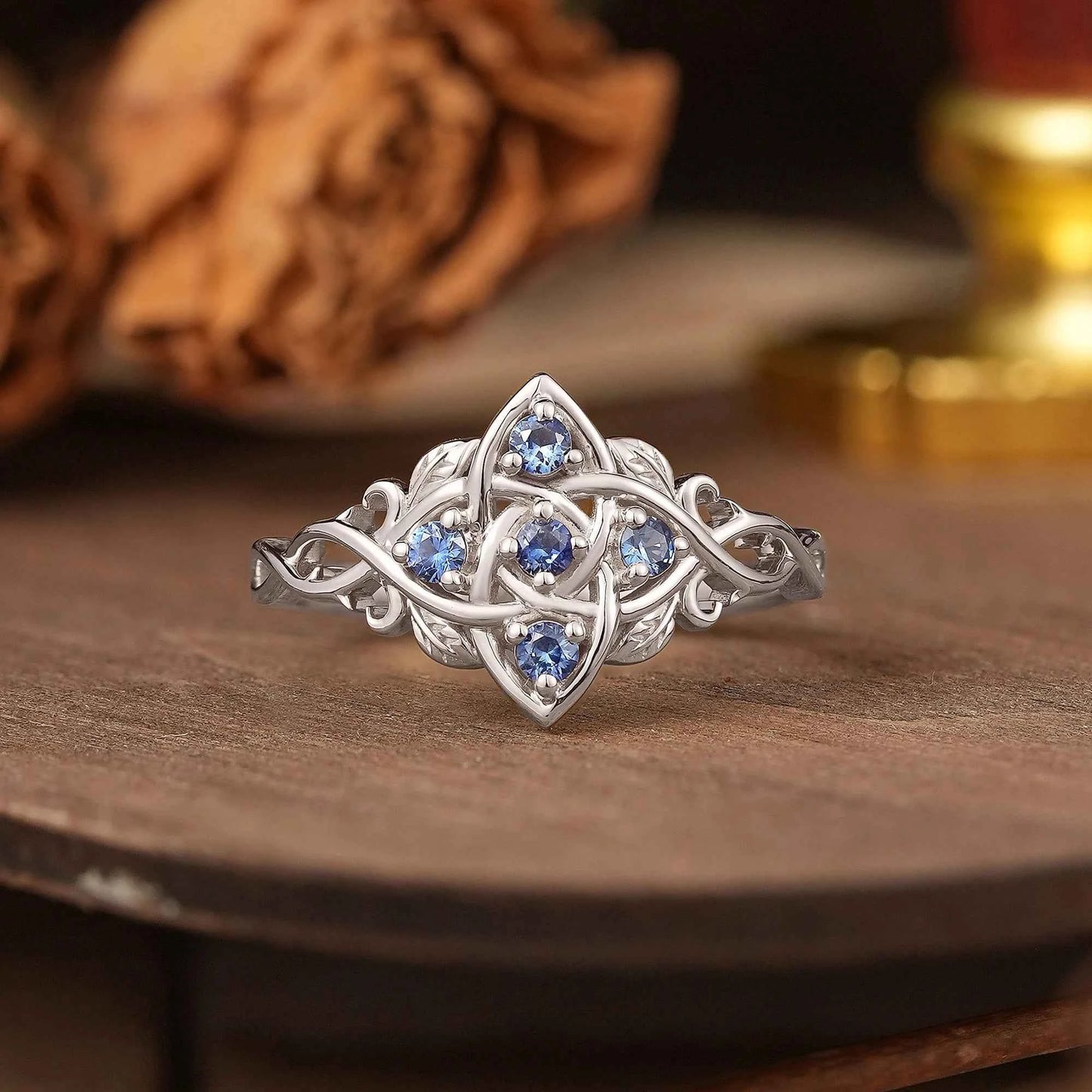 Round Cut Cornflower Sapphire Flower Inspired Twist Band Engagement Ring