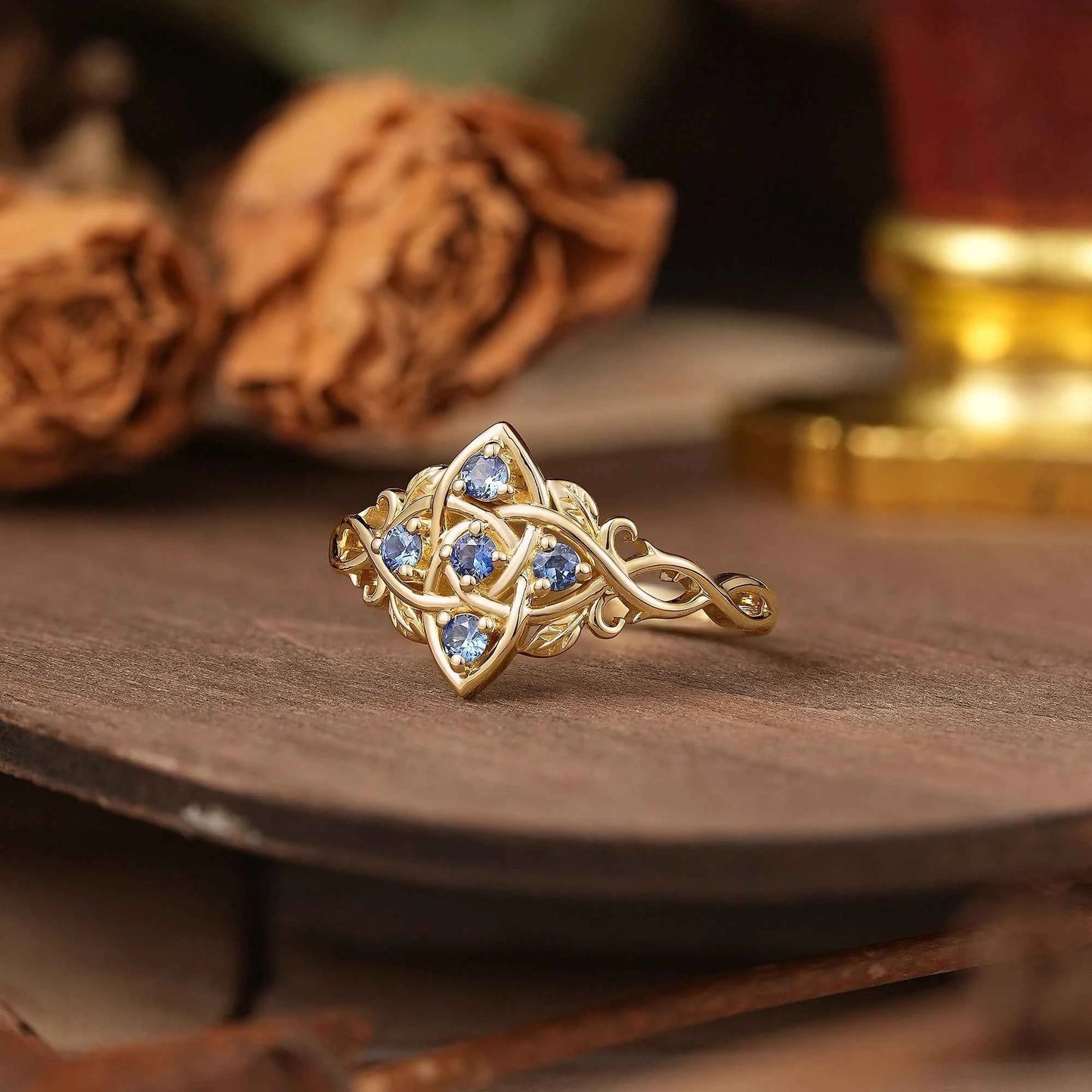 Round Cut Cornflower Sapphire Flower Inspired Twist Band Engagement Ring