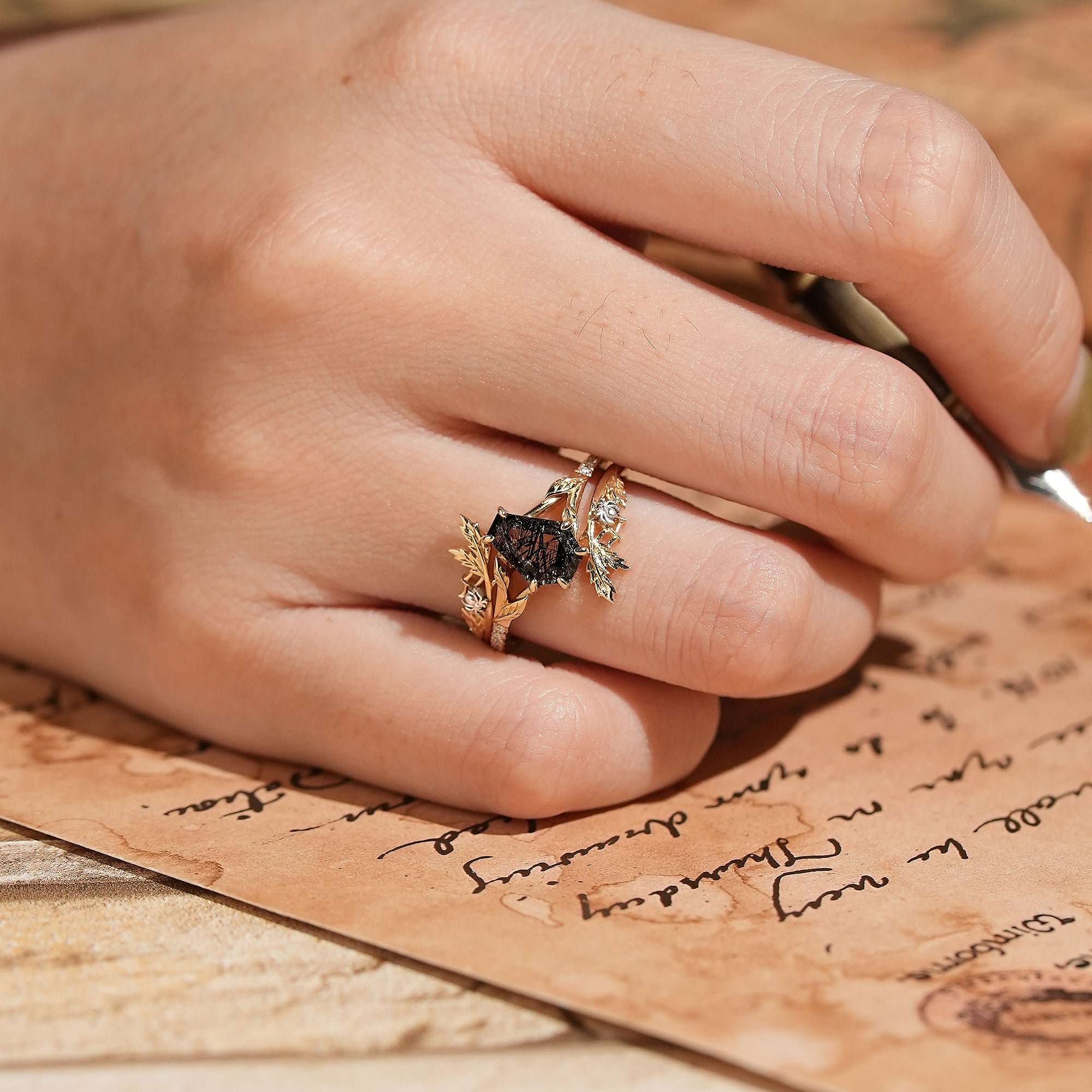 Coffin Cut Black Rutilated Quartz Nature Inspired Bridal Ring Set With Spider Enhancer - Madison