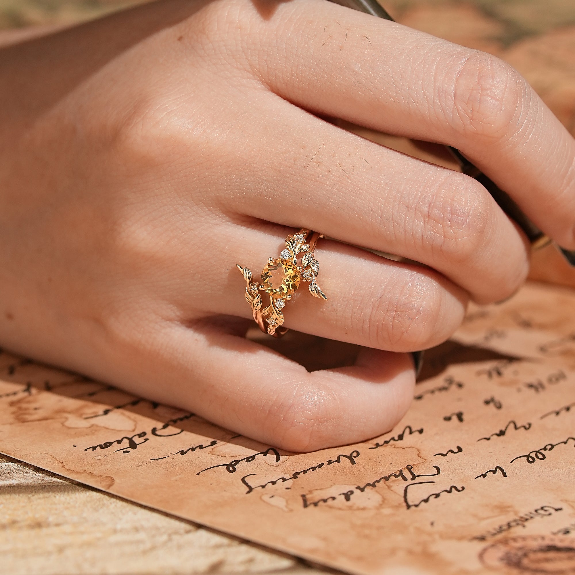 Round Cut Citrine Nature Inspired Bridal Ring Set With Enhancer - Nyx