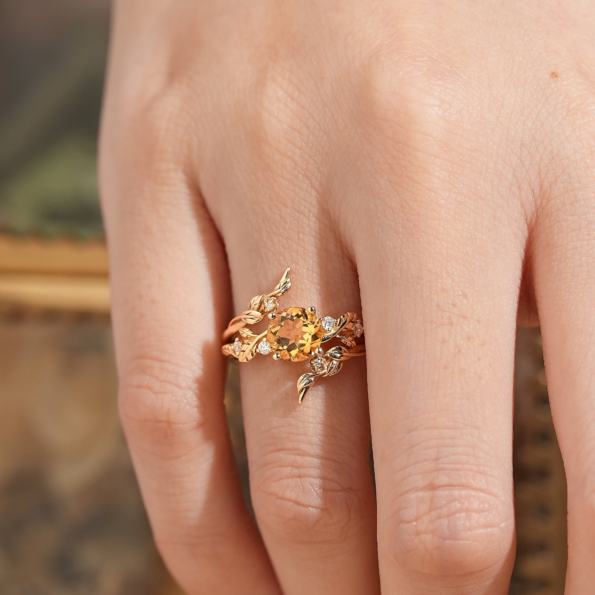 Round Cut Citrine Nature Inspired Bridal Ring Set With Enhancer - Nyx