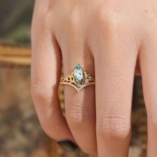 Marquise Cut Moss Agate Leaf And Vine Inspired Elven Engagement Ring