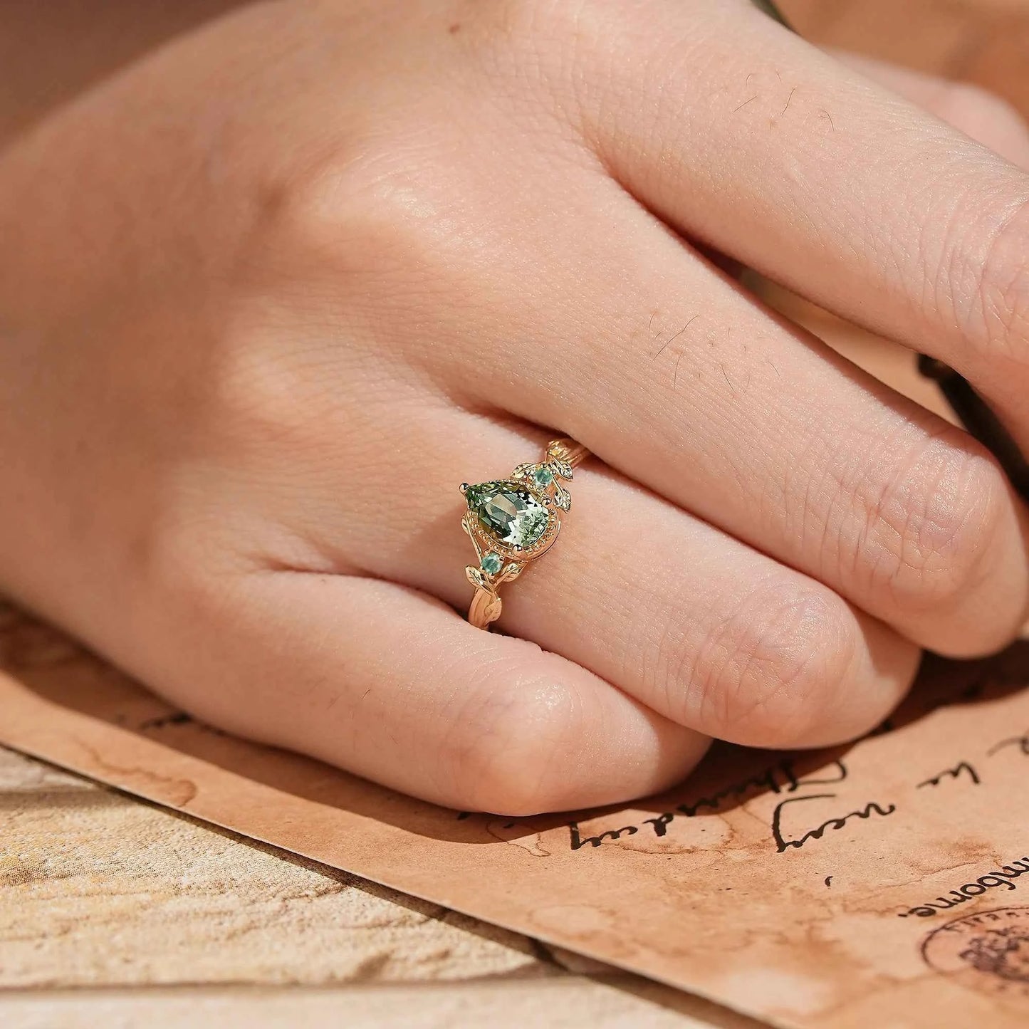 Pear Cut Green Sapphire Nature Inspired Milgrain Engagement Ring