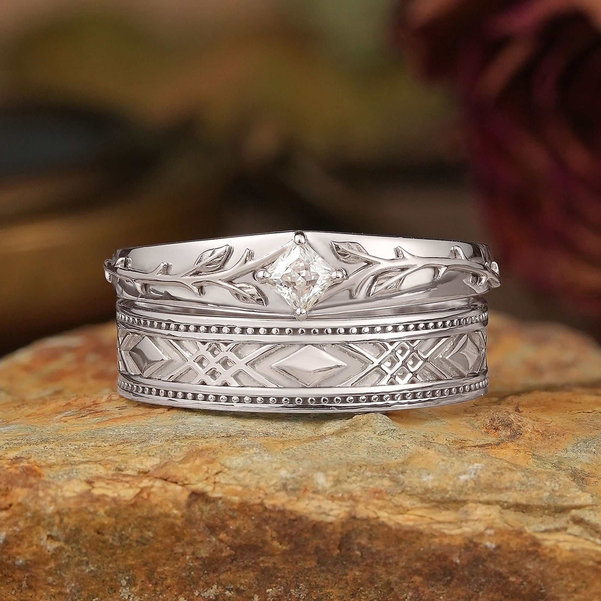 Mixed Metal Milgrain Nature Inspired Princess Cut Moissanite Couple Wedding Set - Victor & Benedict