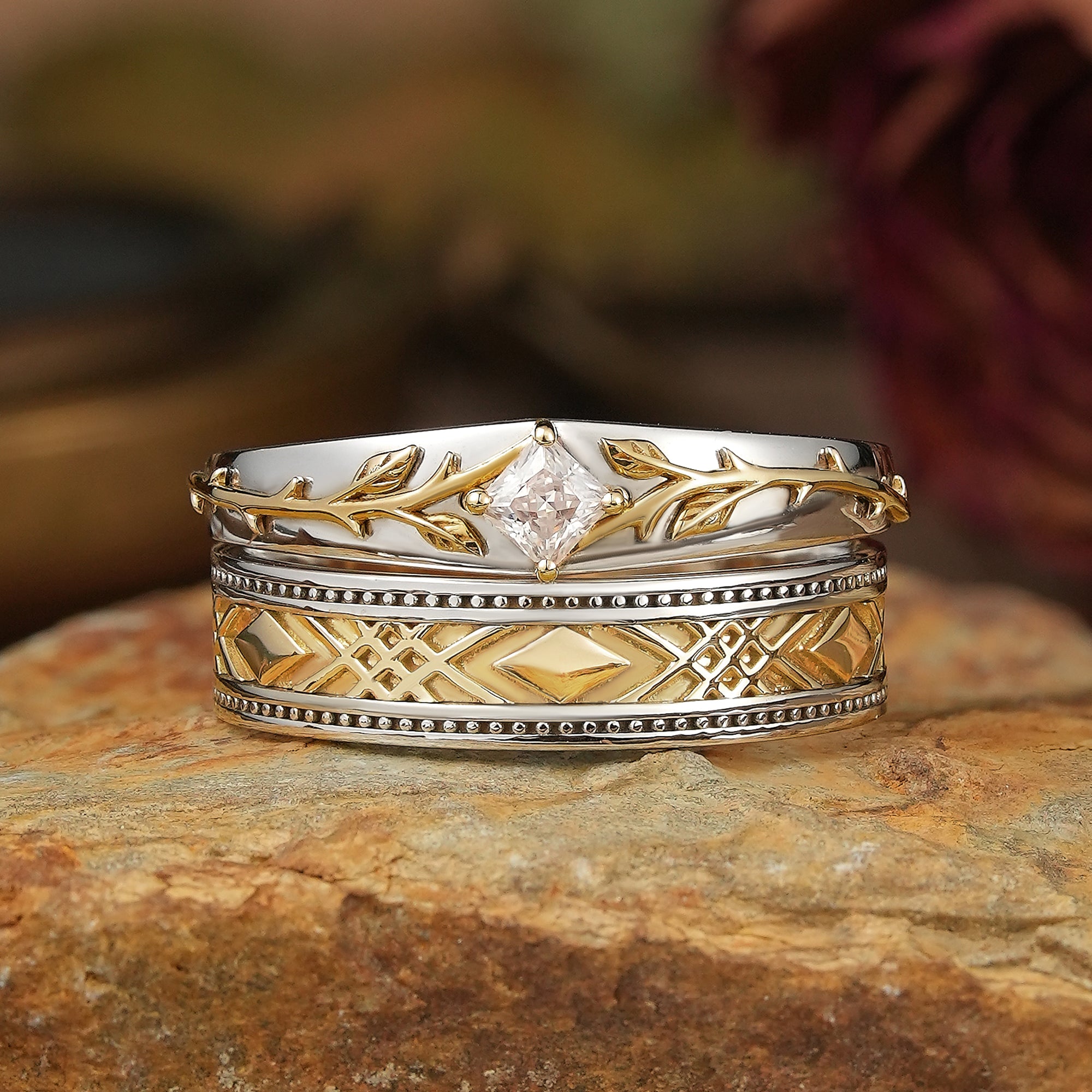 Mixed Metal Milgrain Nature Inspired Princess Cut Moissanite Couple Wedding Set - Victor & Benedict