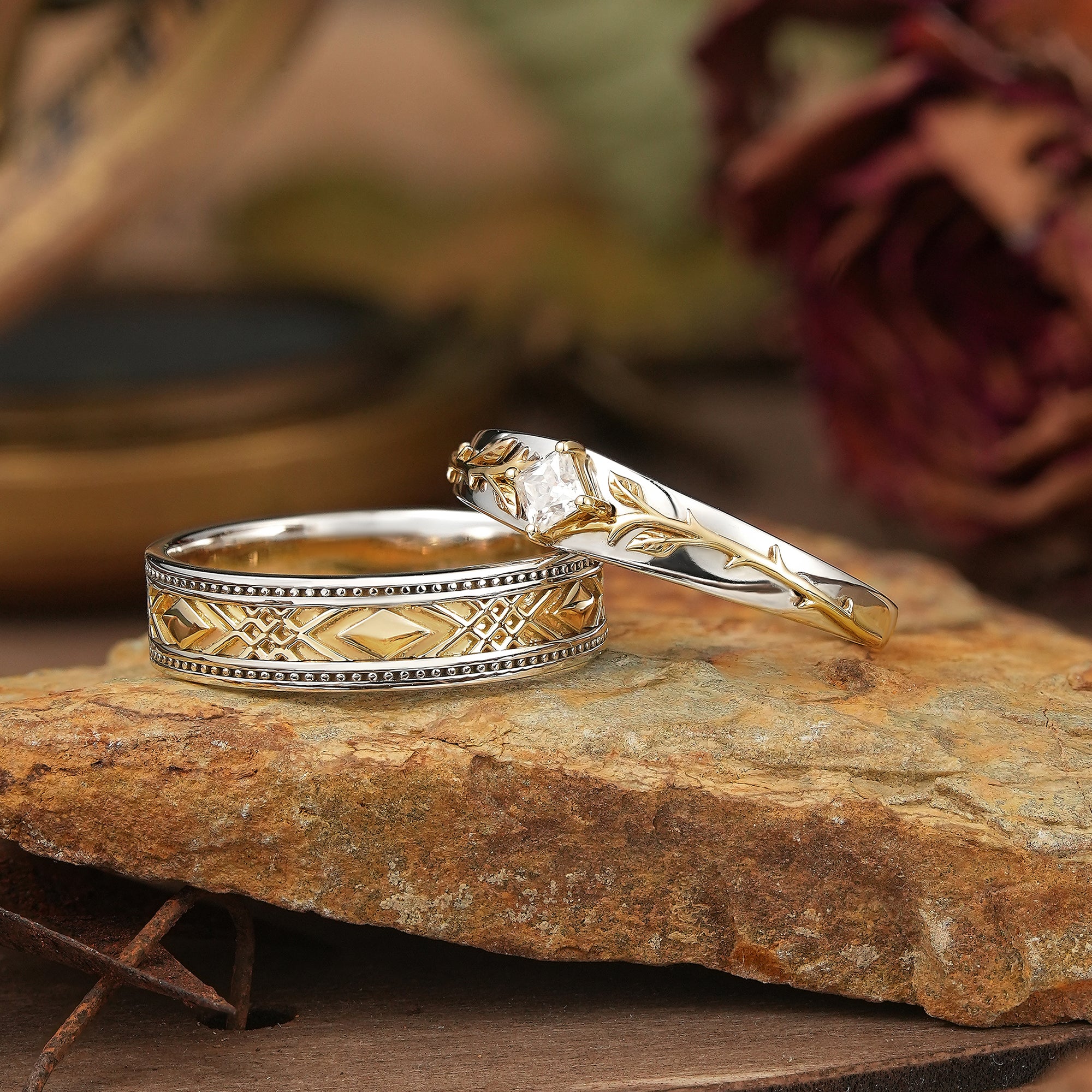 Mixed Metal Milgrain Nature Inspired Princess Cut Moissanite Couple Wedding Set - Victor & Benedict