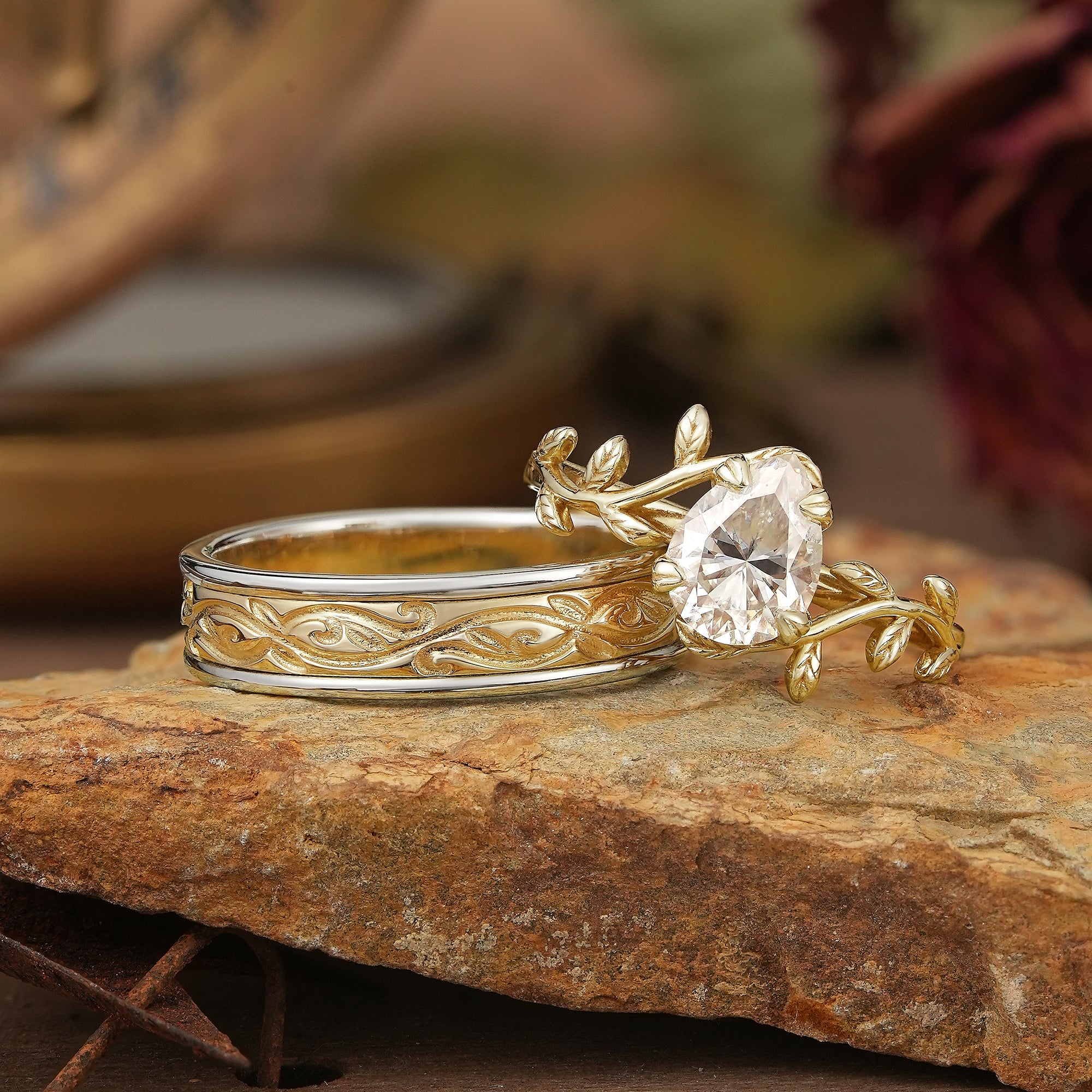 Pear Cut Moissanite Mixed Metal Leaf Inspired Couple Ring Set - Clementine & Moore