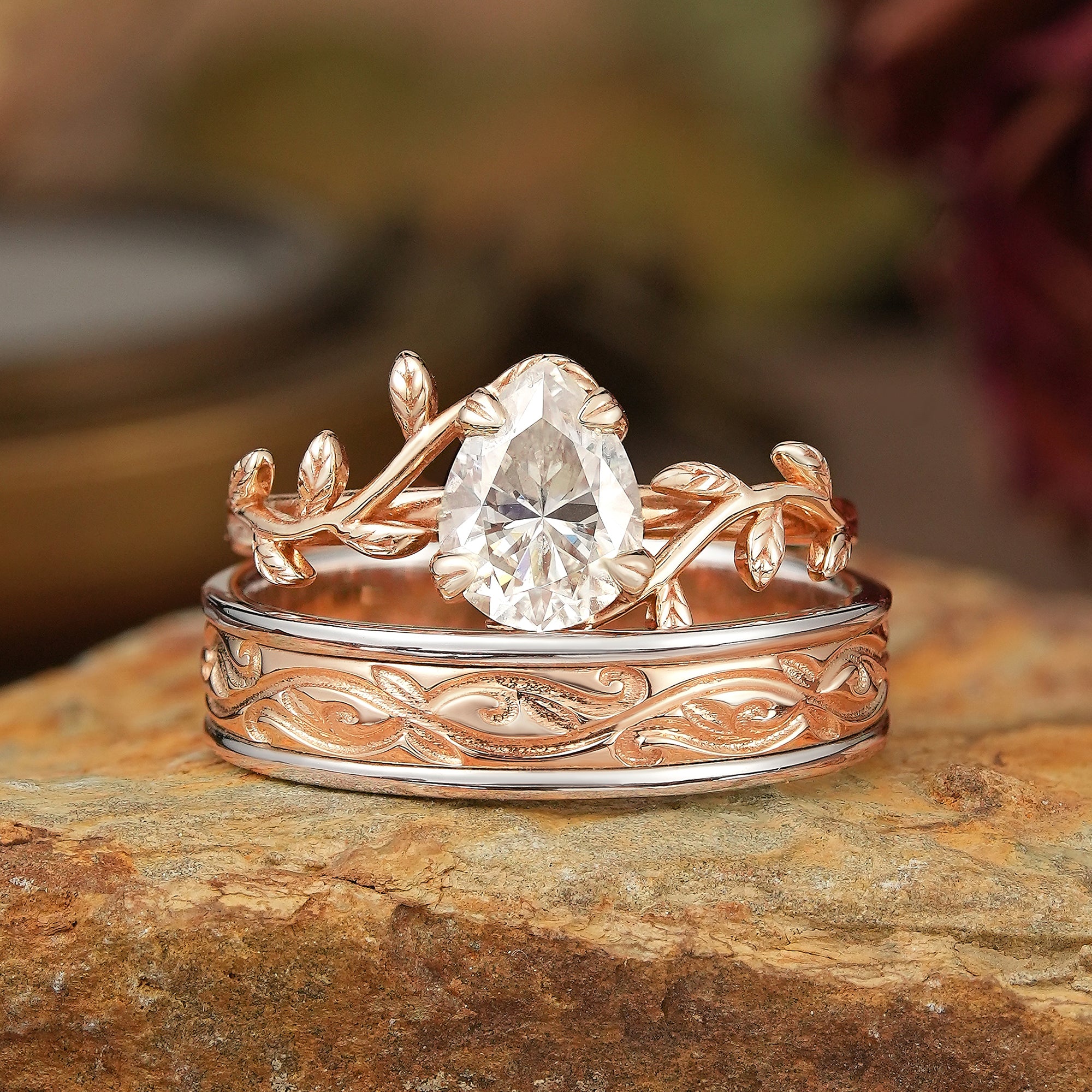 Pear Cut Moissanite Mixed Metal Leaf Inspired Couple Ring Set - Clementine & Moore