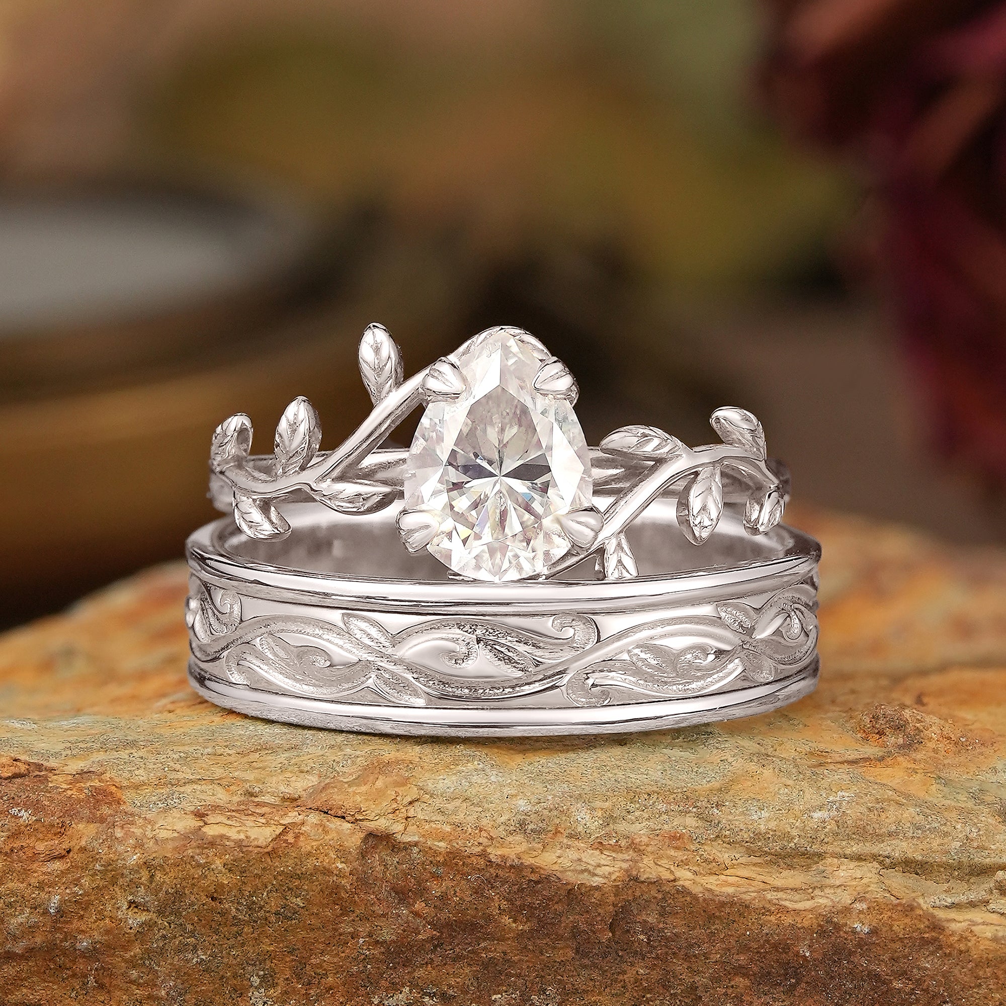 Pear Cut Moissanite Mixed Metal Leaf Inspired Couple Ring Set - Clementine & Moore