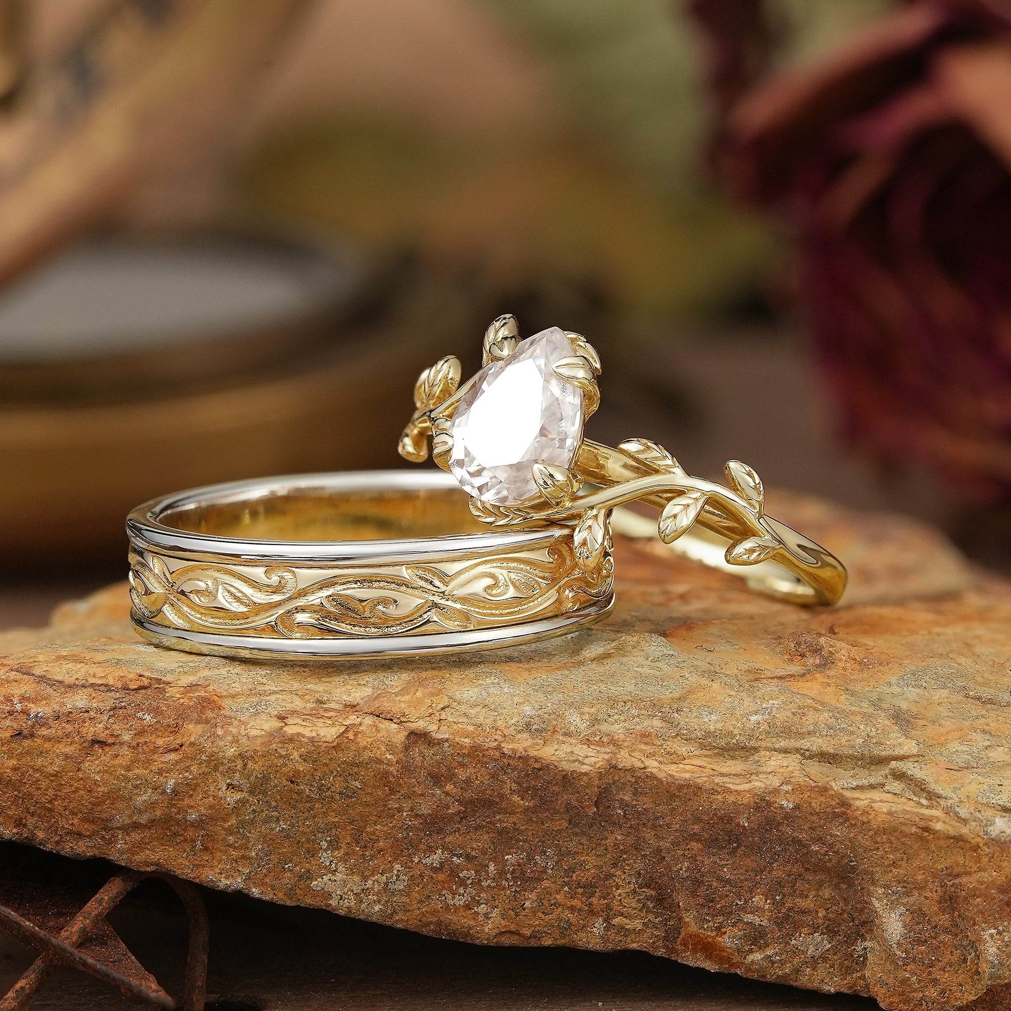 Pear Cut Moissanite Mixed Metal Leaf Inspired Couple Ring Set - Clementine & Moore