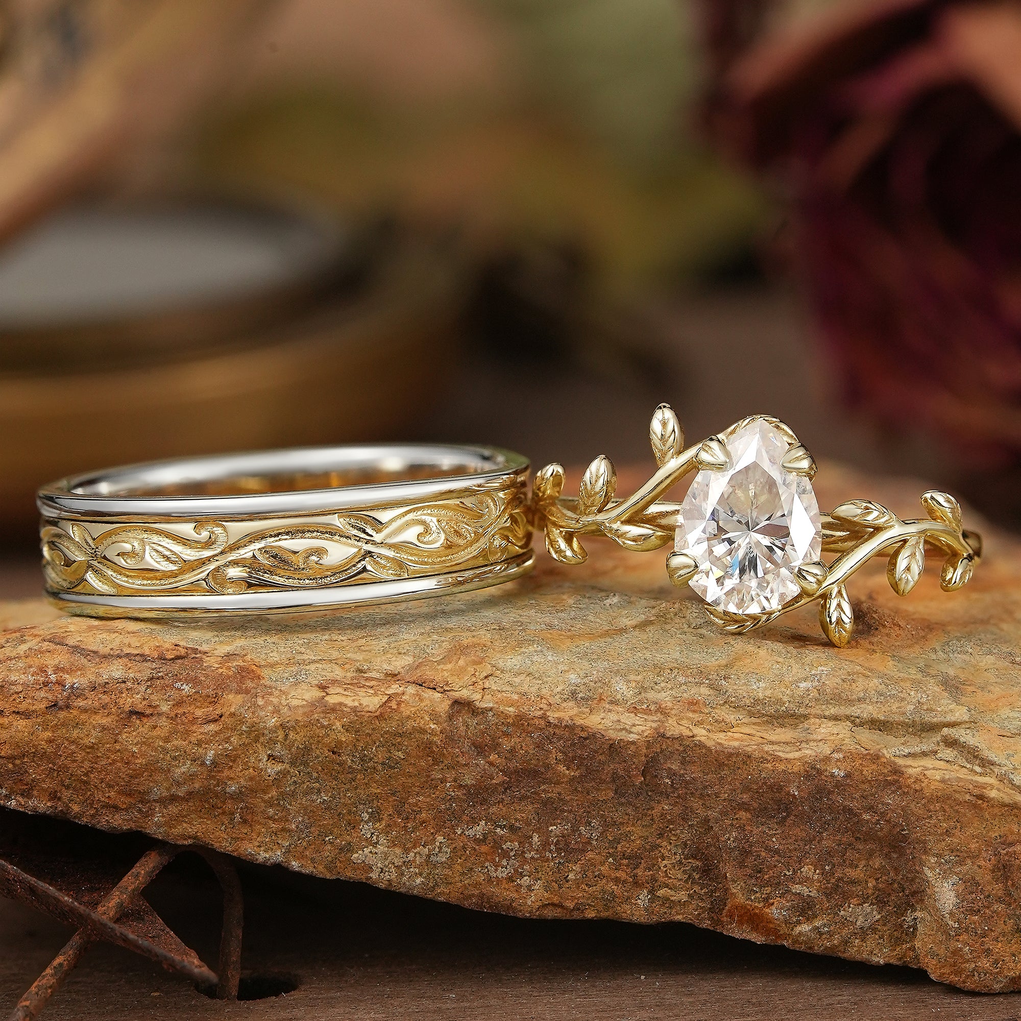 Pear Cut Moissanite Mixed Metal Leaf Inspired Couple Ring Set - Clementine & Moore
