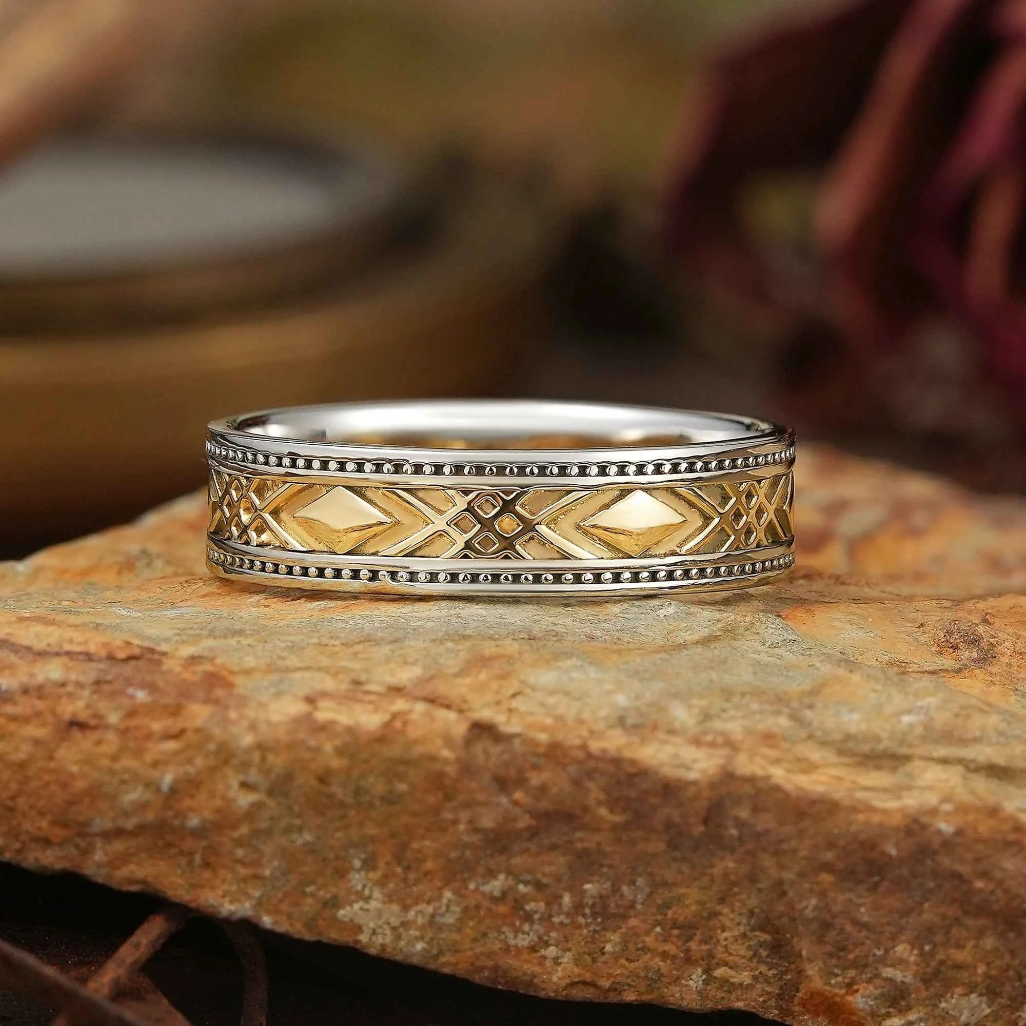 Solid Gold Mixed Metal Milgrain Unique Men's Ring