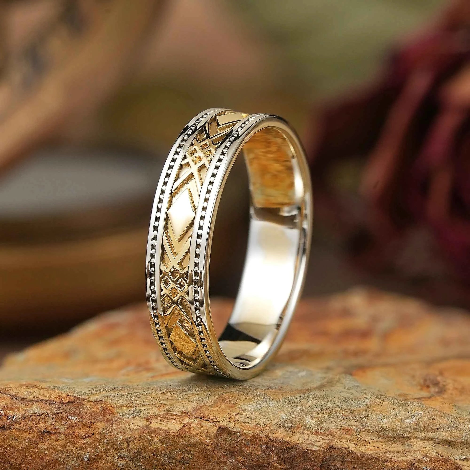 Solid Gold Mixed Metal Milgrain Unique Men's Ring