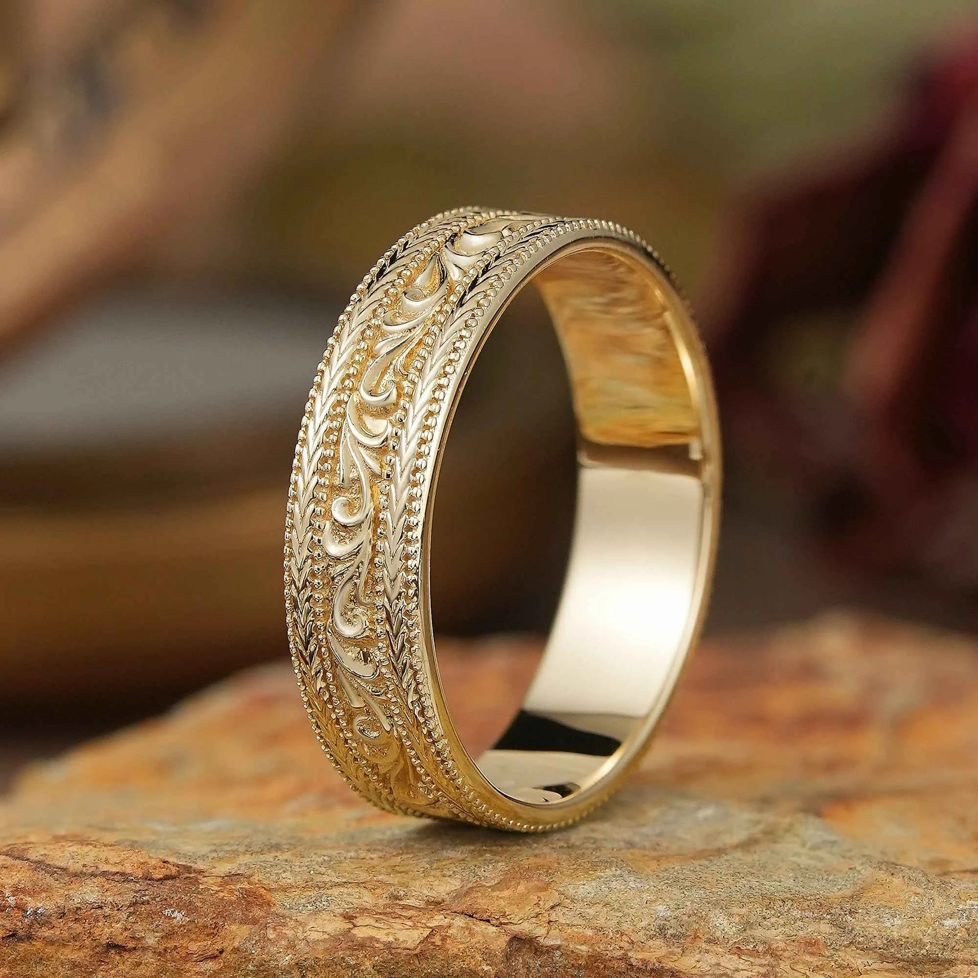 Solid Gold Leaf And Vine Milgrain Men's Ring