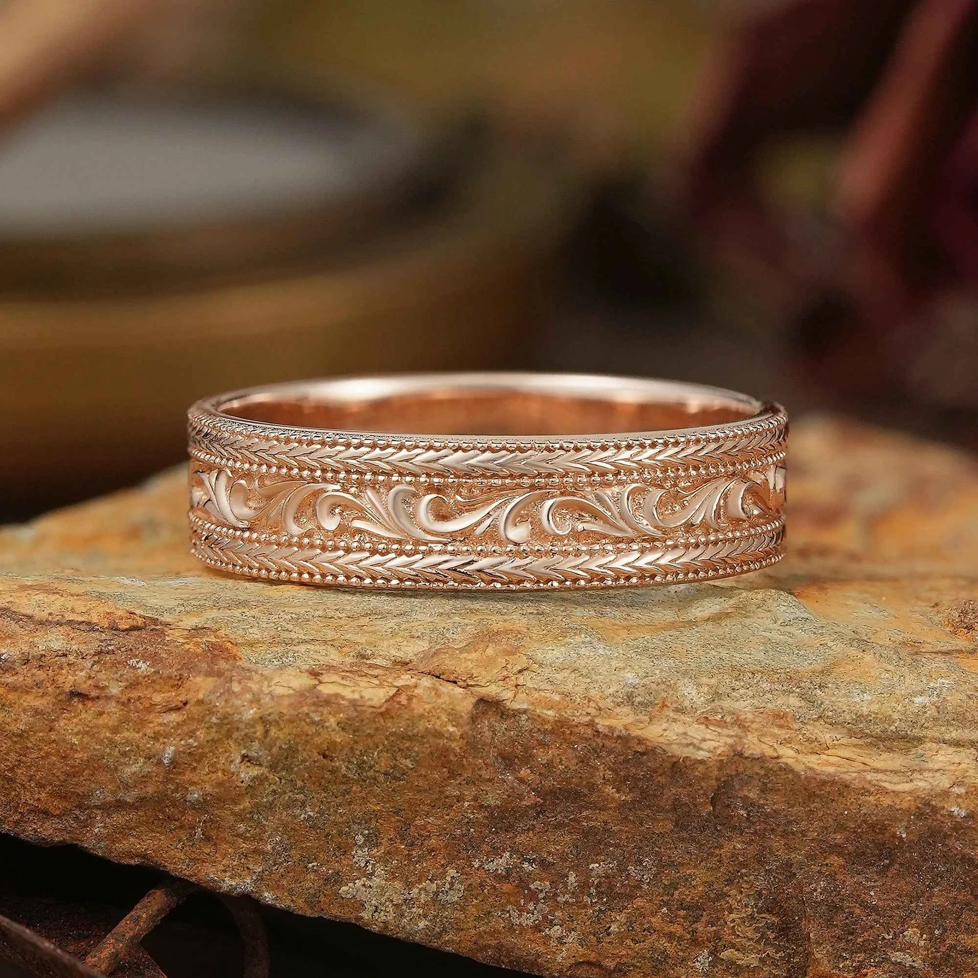 Solid Gold Leaf And Vine Milgrain Men's Ring