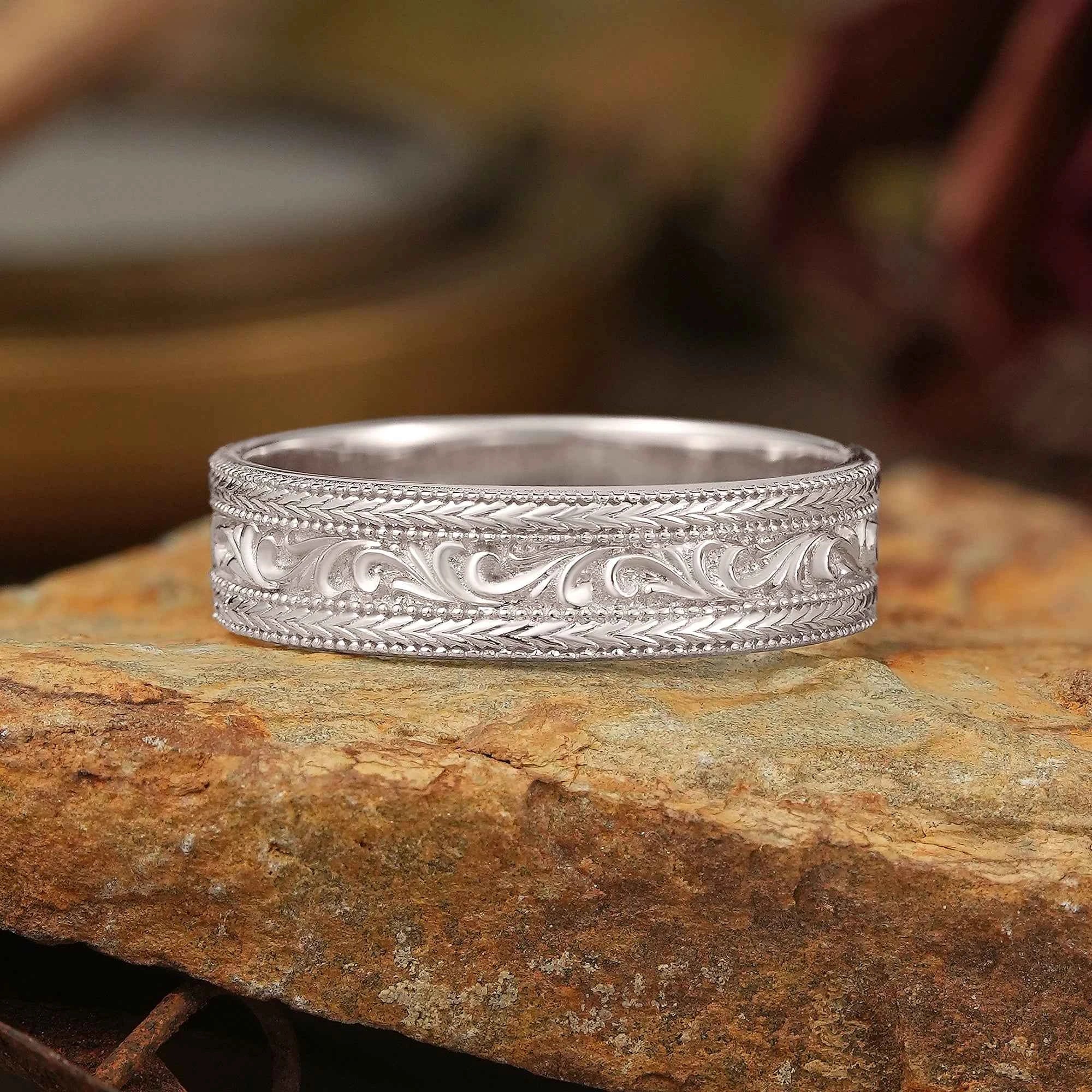 Solid Gold Leaf And Vine Milgrain Men's Ring