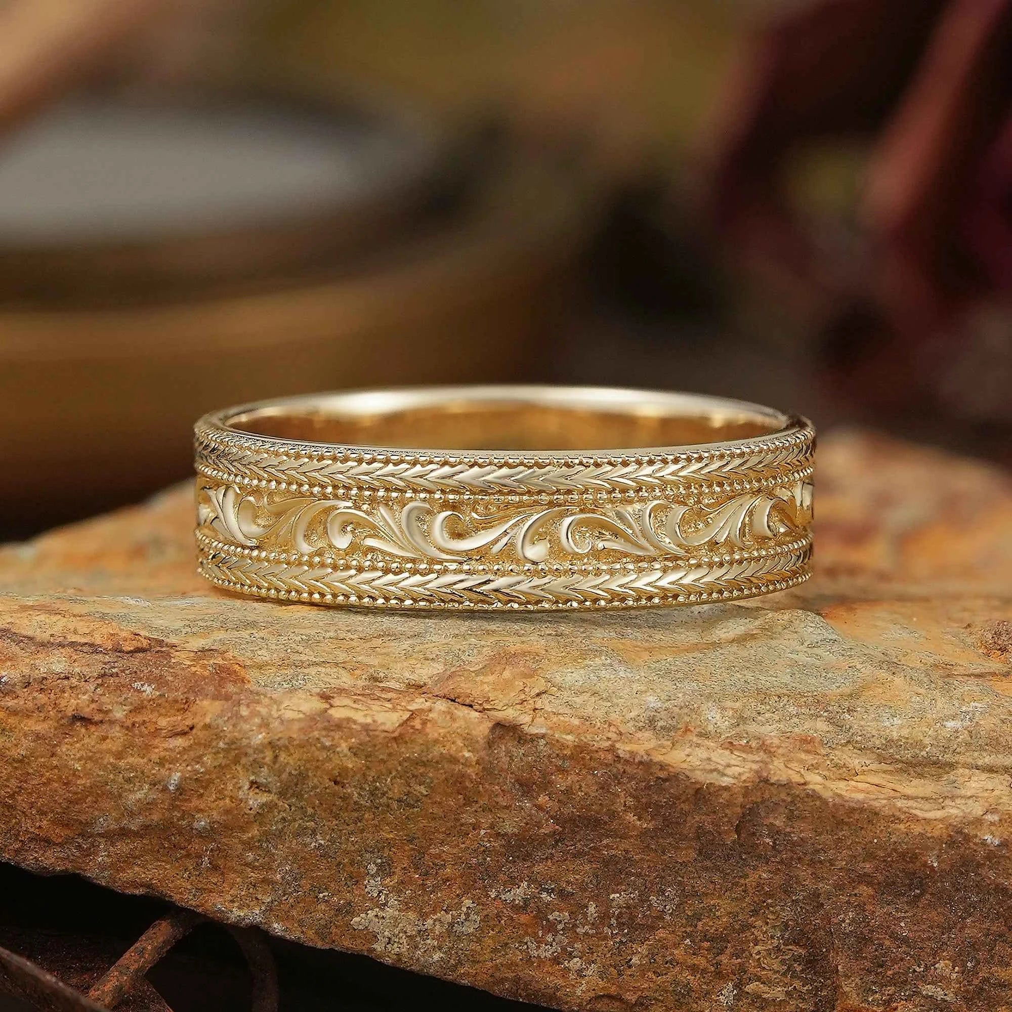 Solid Gold Leaf And Vine Milgrain Men's Ring