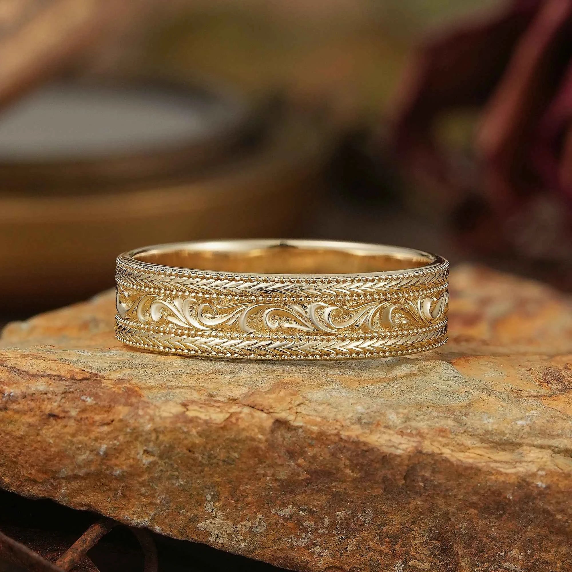 Solid Gold Leaf And Vine Milgrain Men's Ring