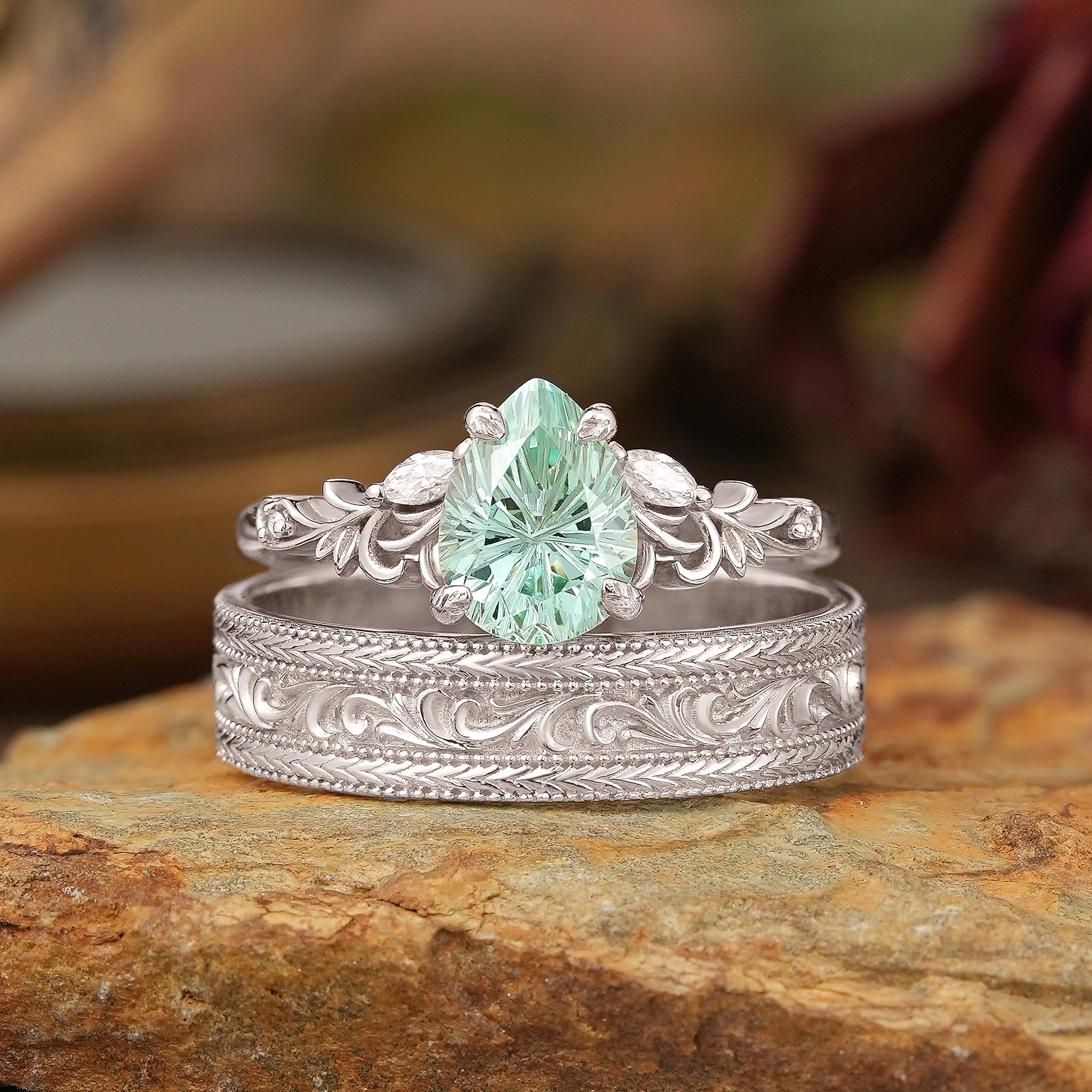 Sparkle Cut Green Sapphire Olive Branch Inspired Couple Ring Set - Rene & Bradley