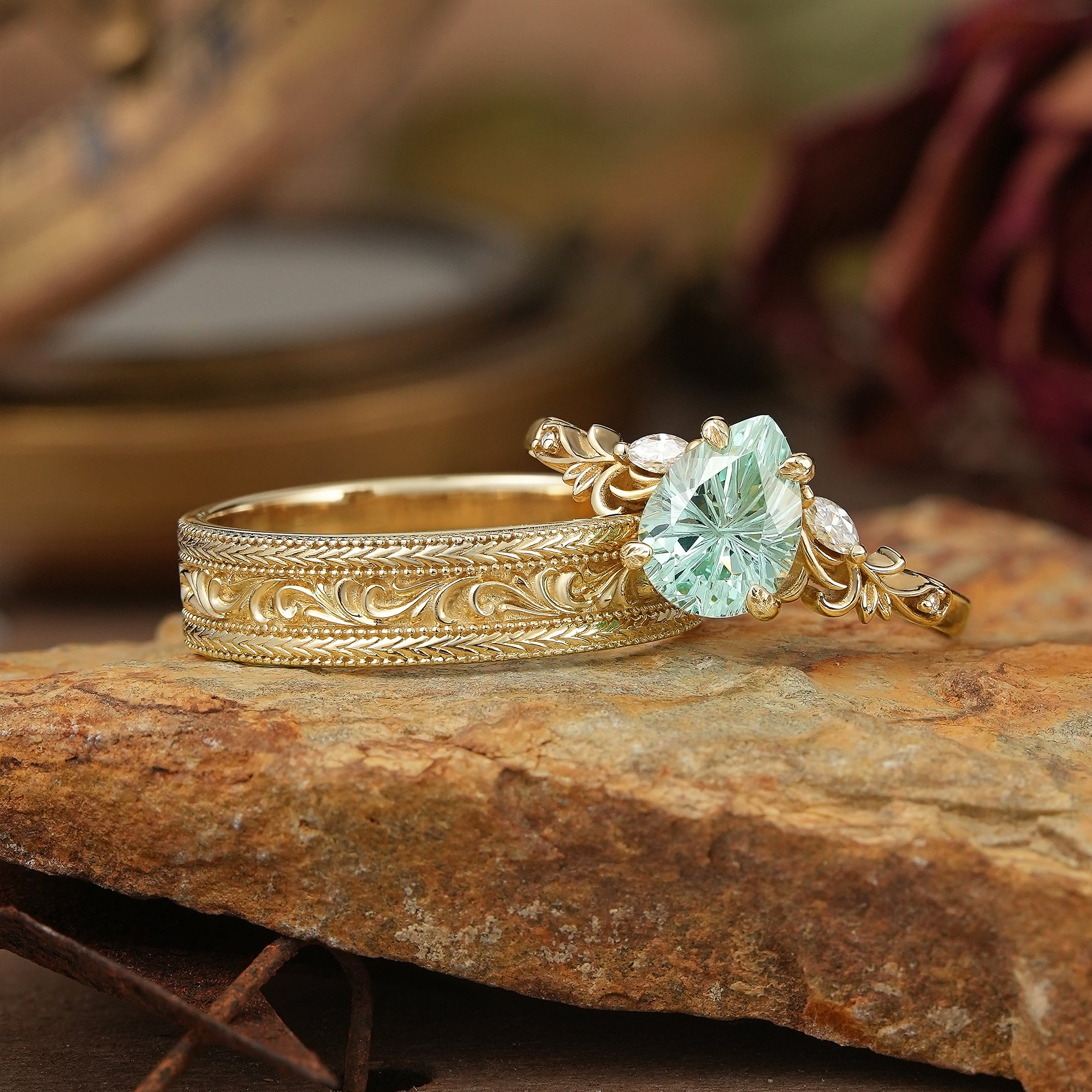 Sparkle Cut Green Sapphire Olive Branch Inspired Couple Ring Set - Rene & Bradley