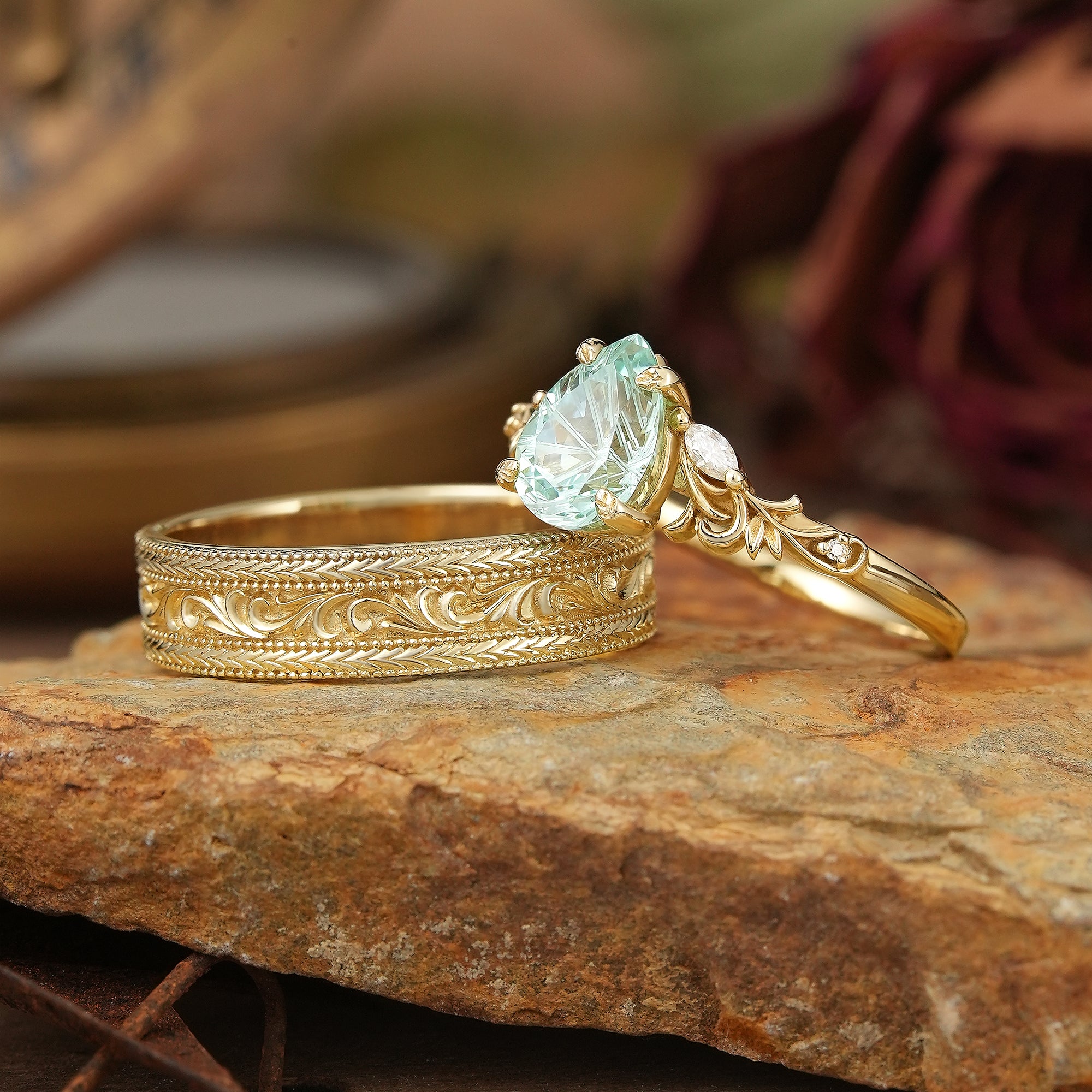 Sparkle Cut Green Sapphire Olive Branch Inspired Couple Ring Set - Rene & Bradley