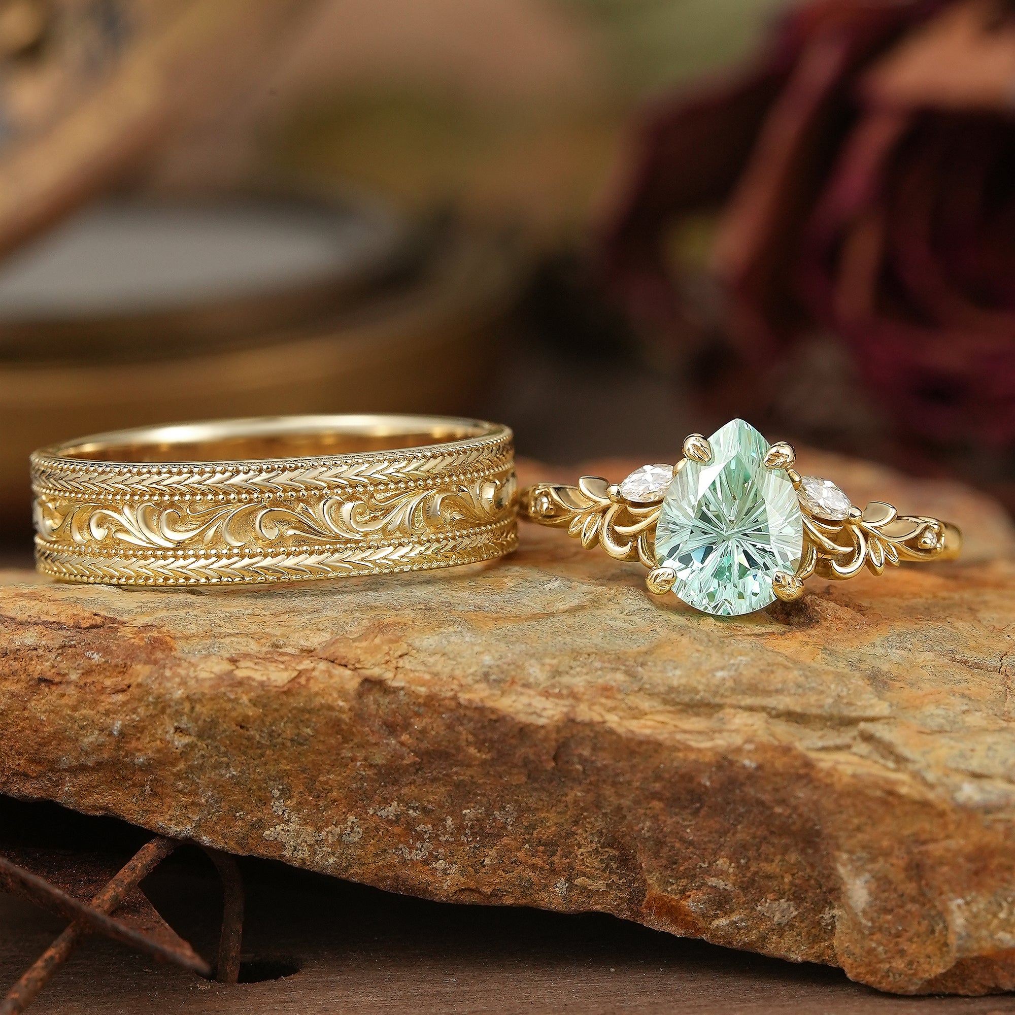 Sparkle Cut Green Sapphire Olive Branch Inspired Couple Ring Set - Rene & Bradley