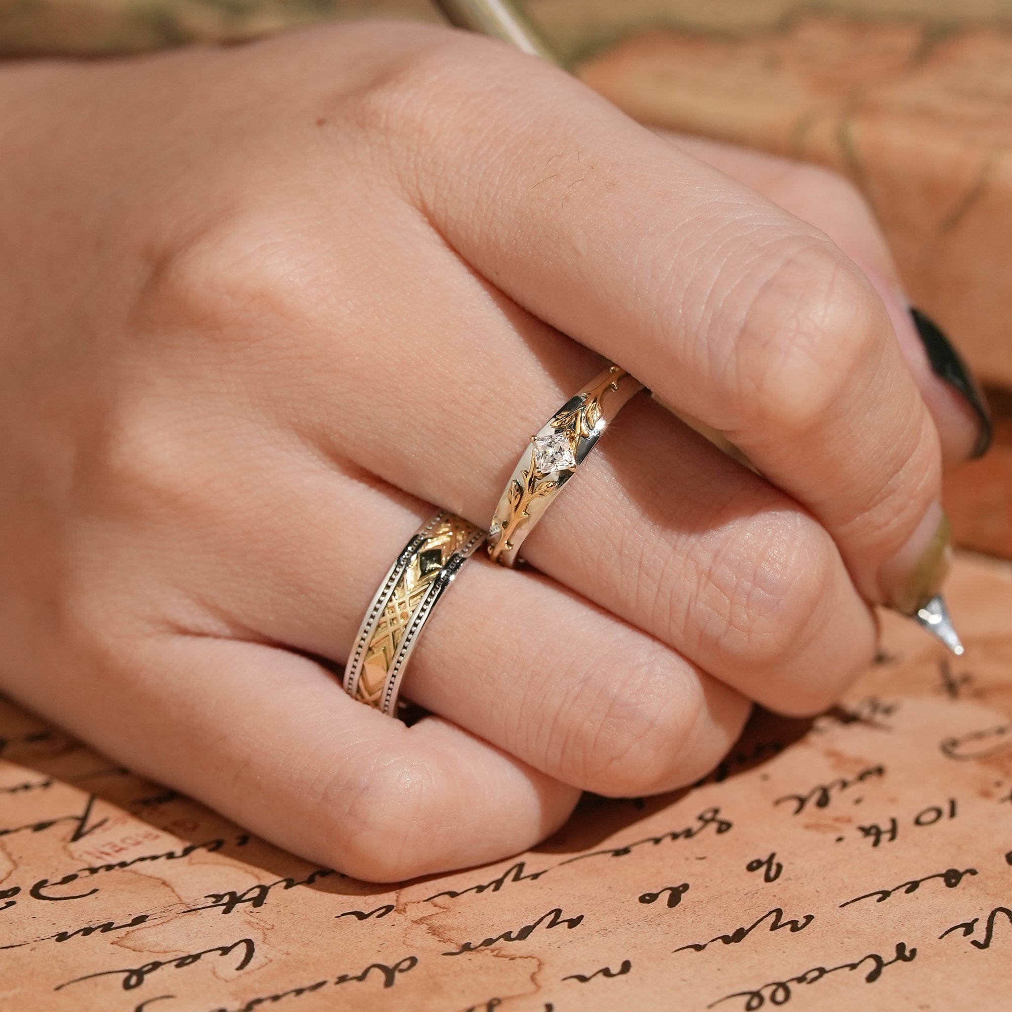 Mixed Metal Milgrain Nature Inspired Princess Cut Moissanite Couple Wedding Set - Victor & Benedict