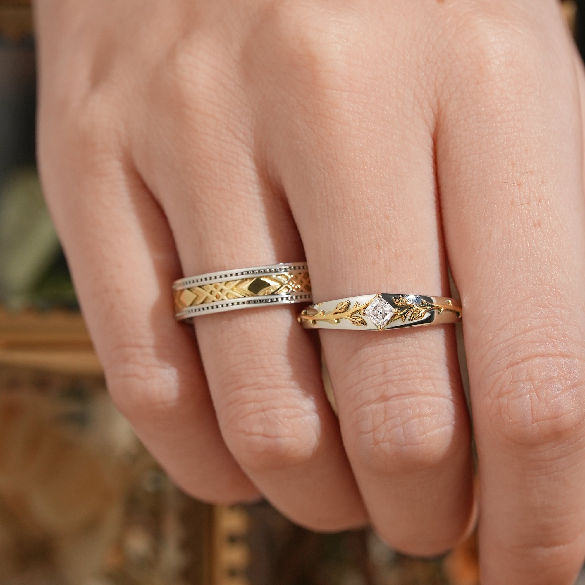 Mixed Metal Milgrain Nature Inspired Princess Cut Moissanite Couple Wedding Set - Victor & Benedict