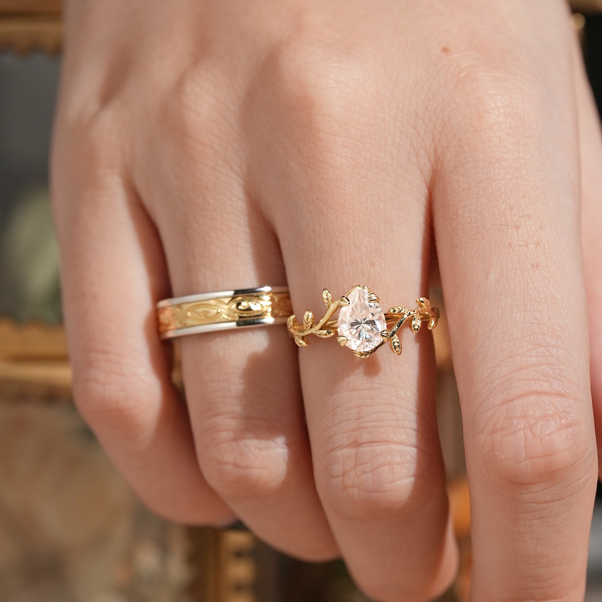 Pear Cut Moissanite Mixed Metal Leaf Inspired Couple Ring Set - Clementine & Moore