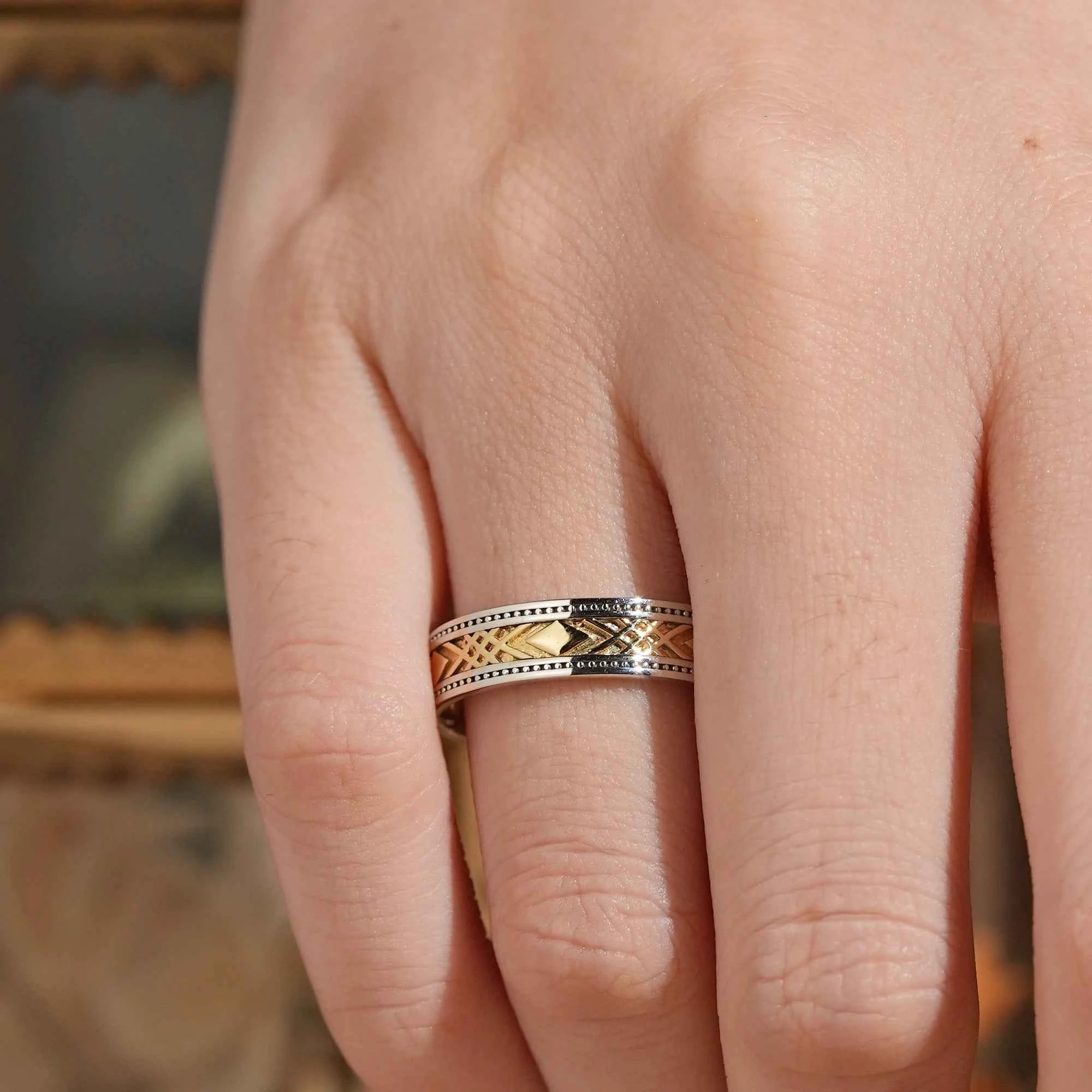 Solid Gold Mixed Metal Milgrain Unique Men's Ring