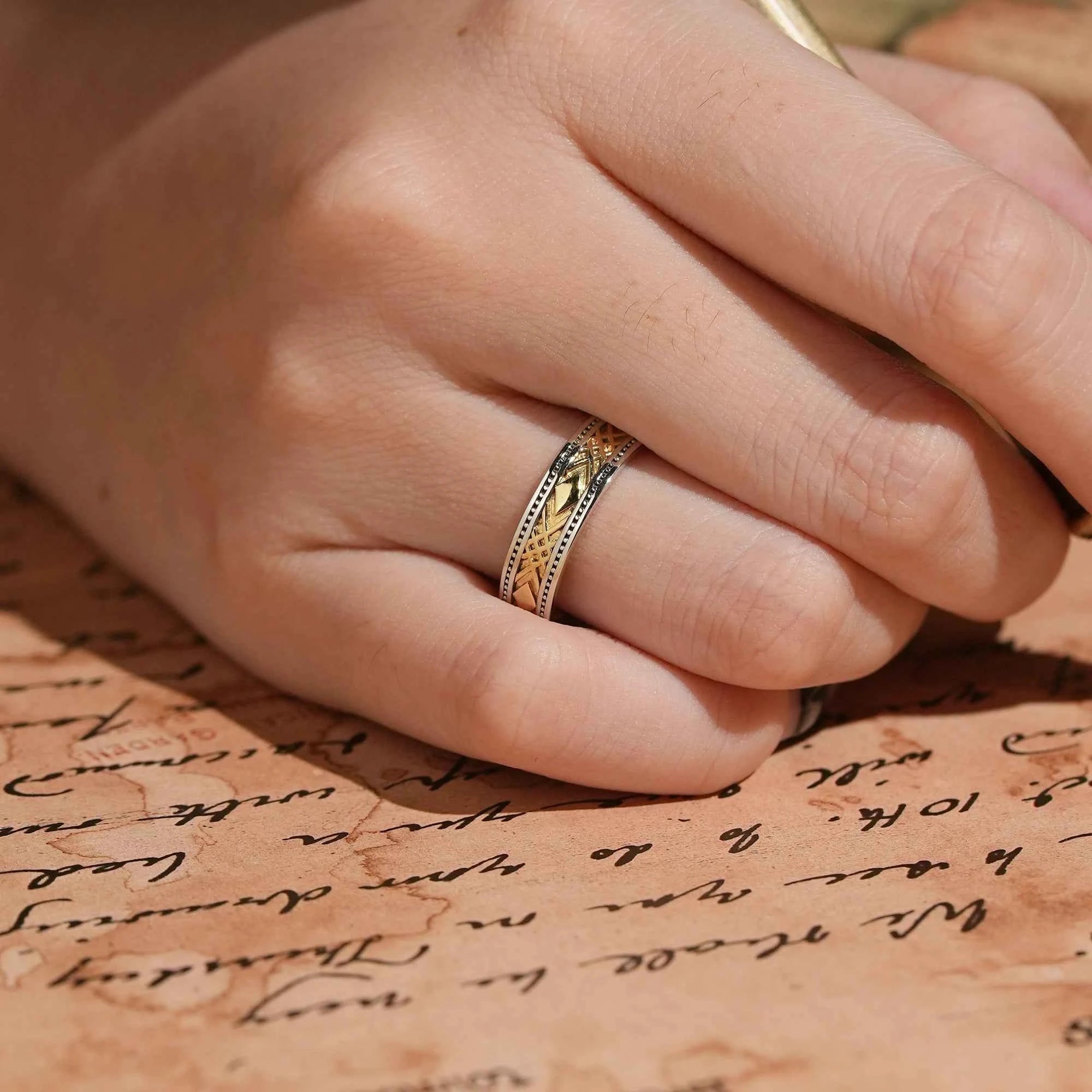 Solid Gold Mixed Metal Milgrain Unique Men's Ring