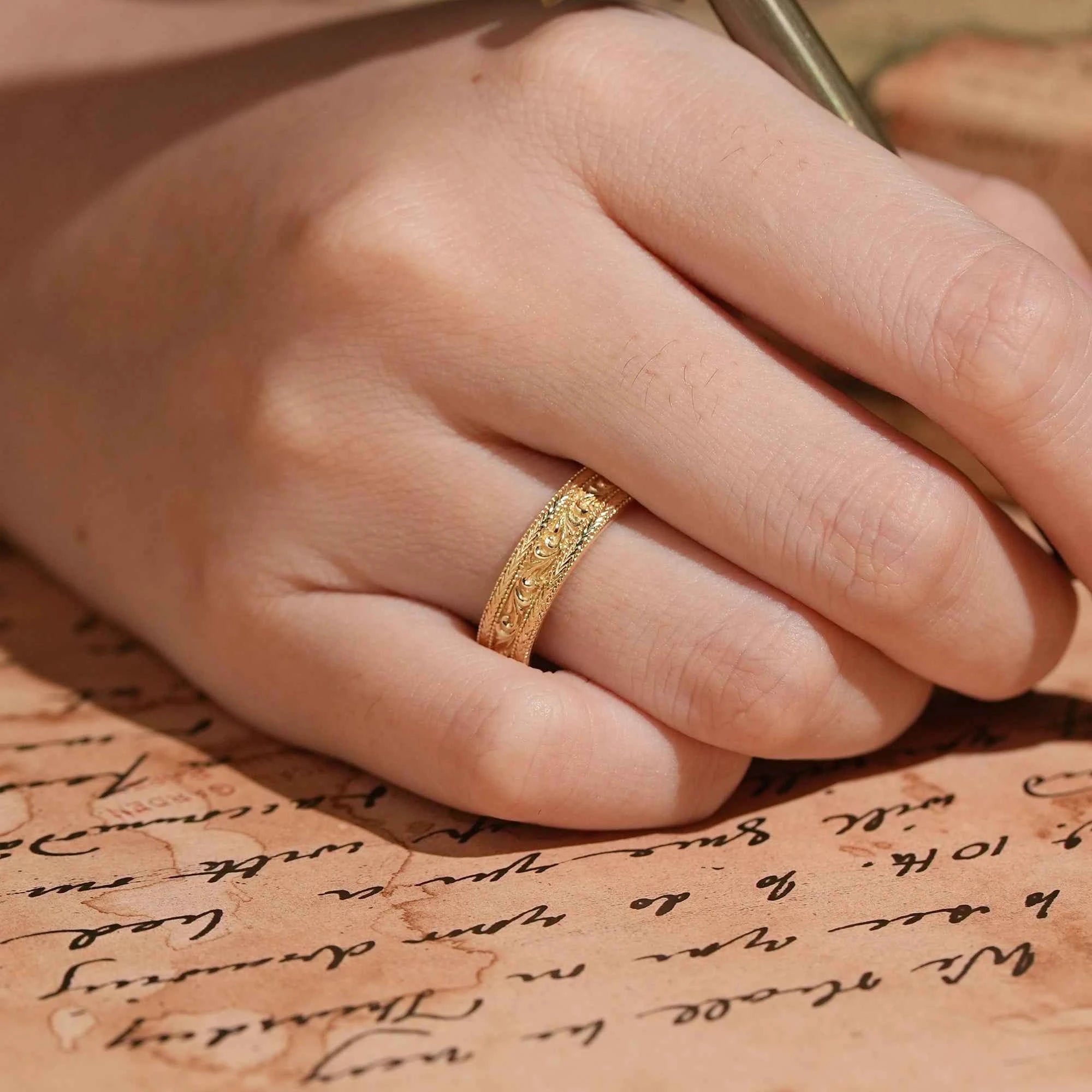 Solid Gold Leaf And Vine Milgrain Men's Ring