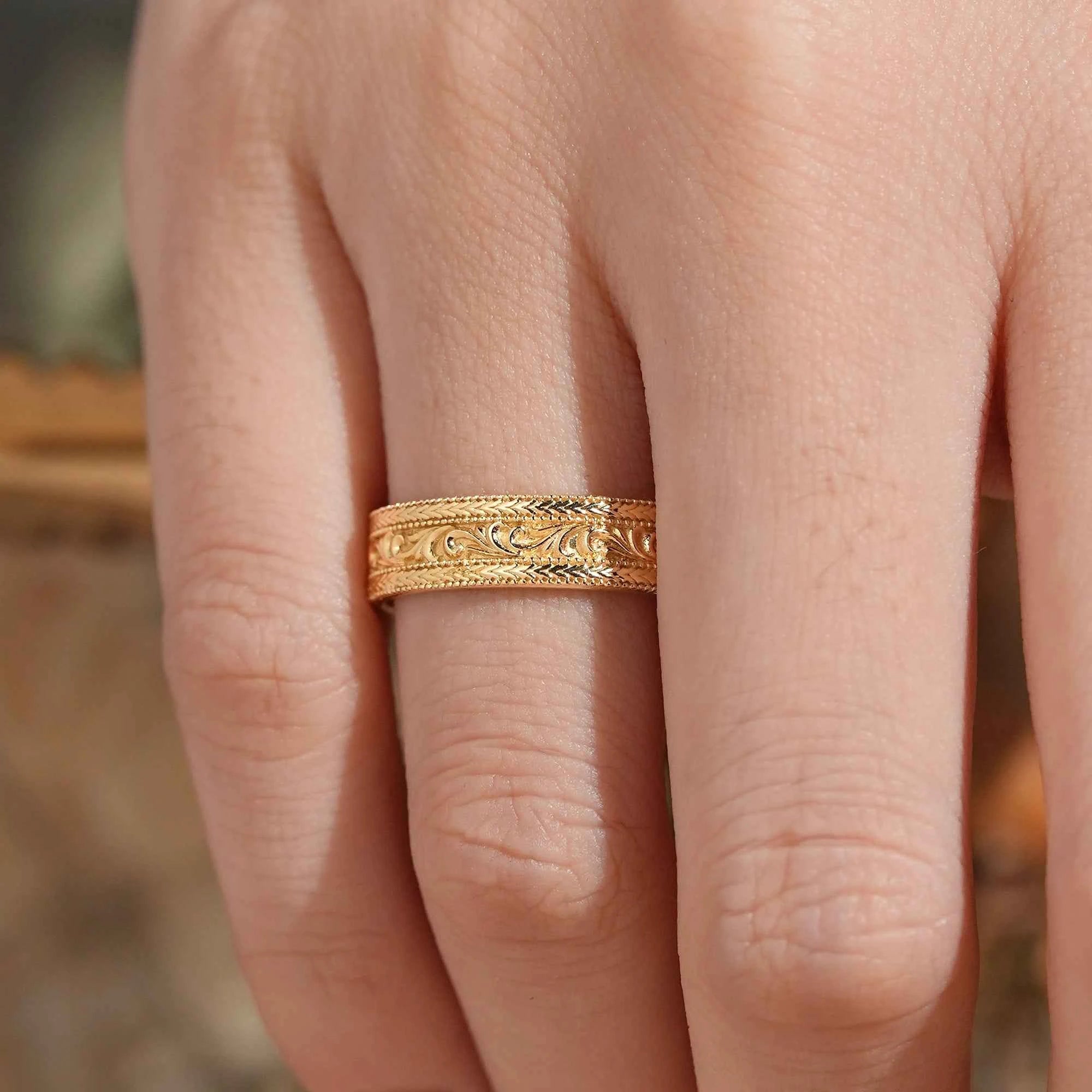 Solid Gold Leaf And Vine Milgrain Men's Ring