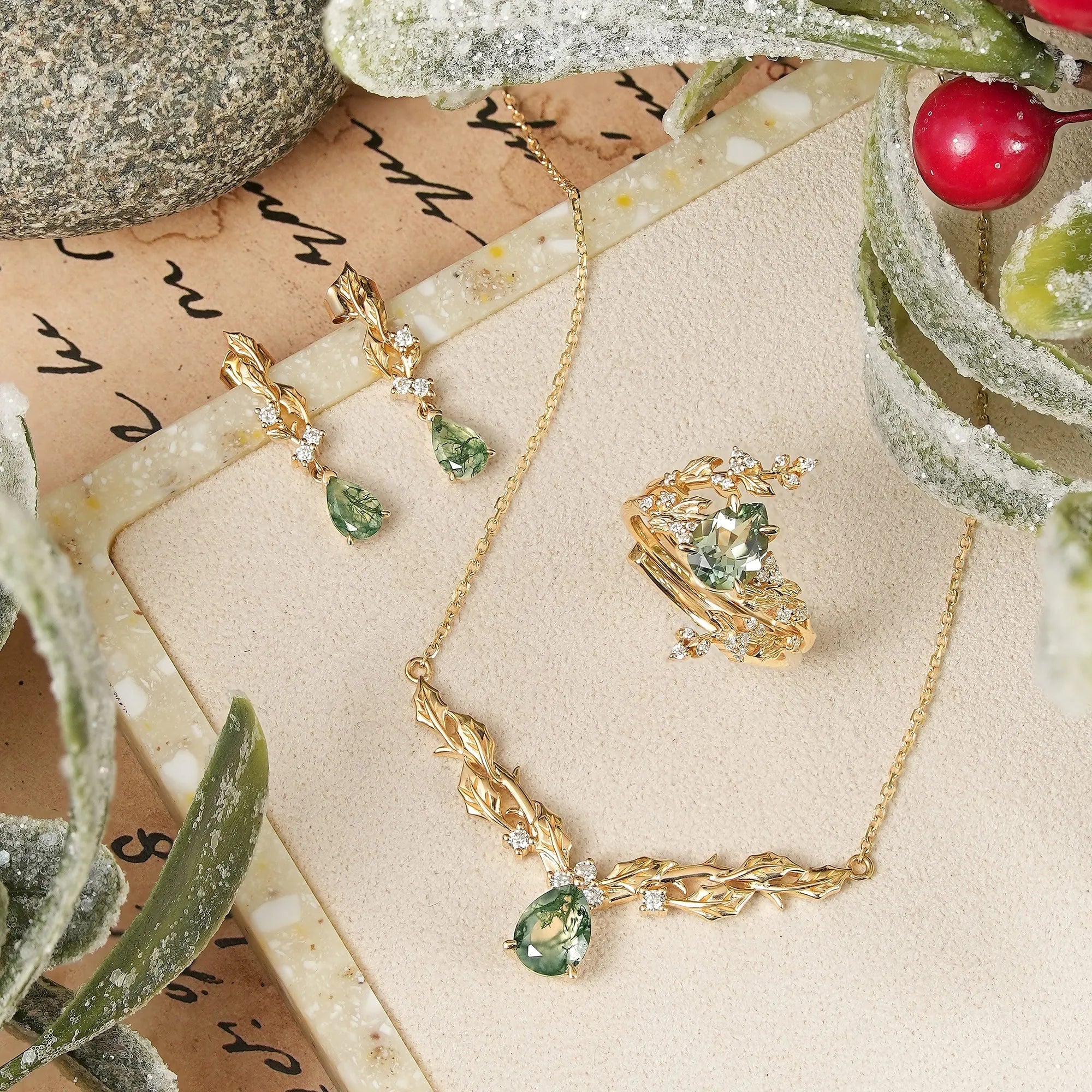 Pear Cut Jewelry Sets Leaf Inspired Mistletoe Christmas Gift For Her - Bridal Enhancer Set & Necklace & Earrings