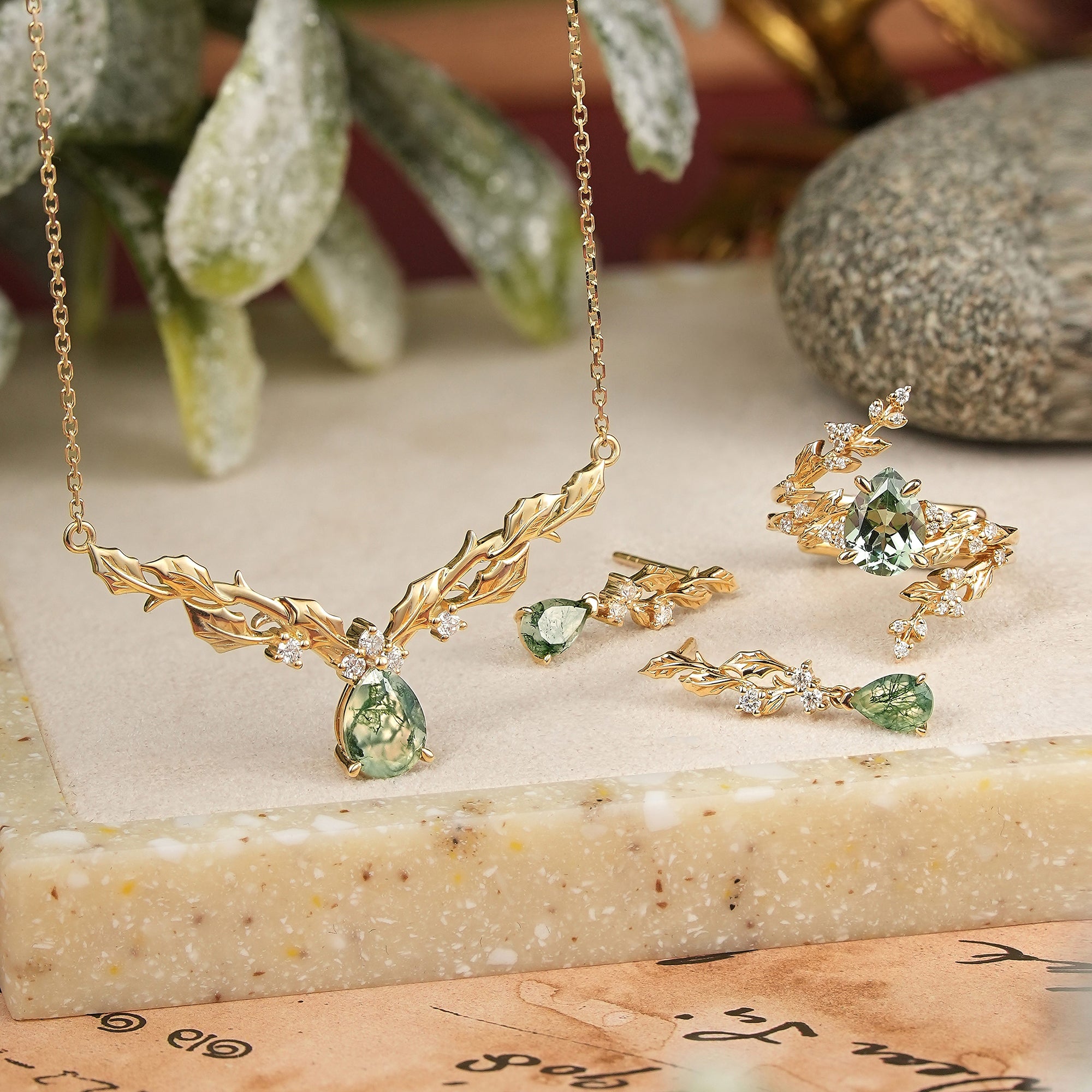 Pear Cut Jewelry Sets Leaf Inspired Mistletoe Christmas Gift For Her - Bridal Enhancer Set & Necklace & Earrings