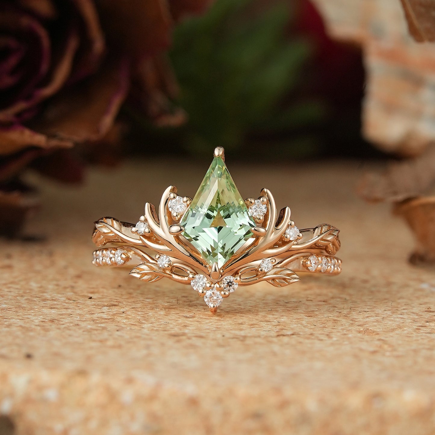 Kite Cut Green Sapphire Stag Inspired Bridal Ring Set Elven Ring Set
