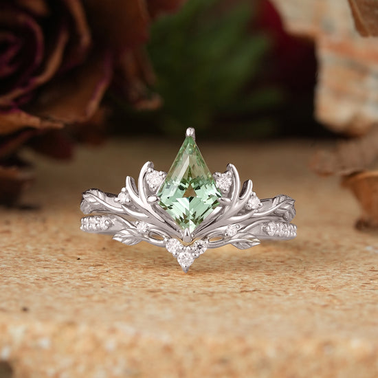 Kite Cut Green Sapphire Stag Inspired Bridal Ring Set Elven Ring Set