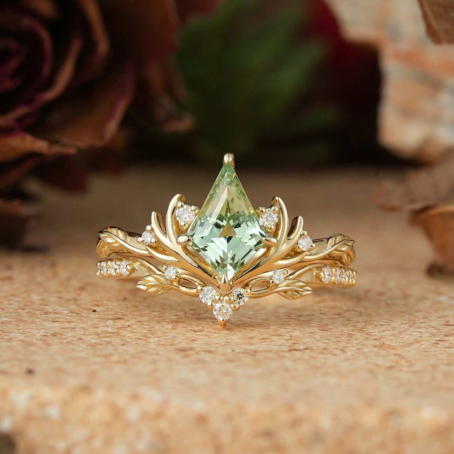 Kite Cut Green Sapphire Stag Inspired Bridal Ring Set Elven Ring Set