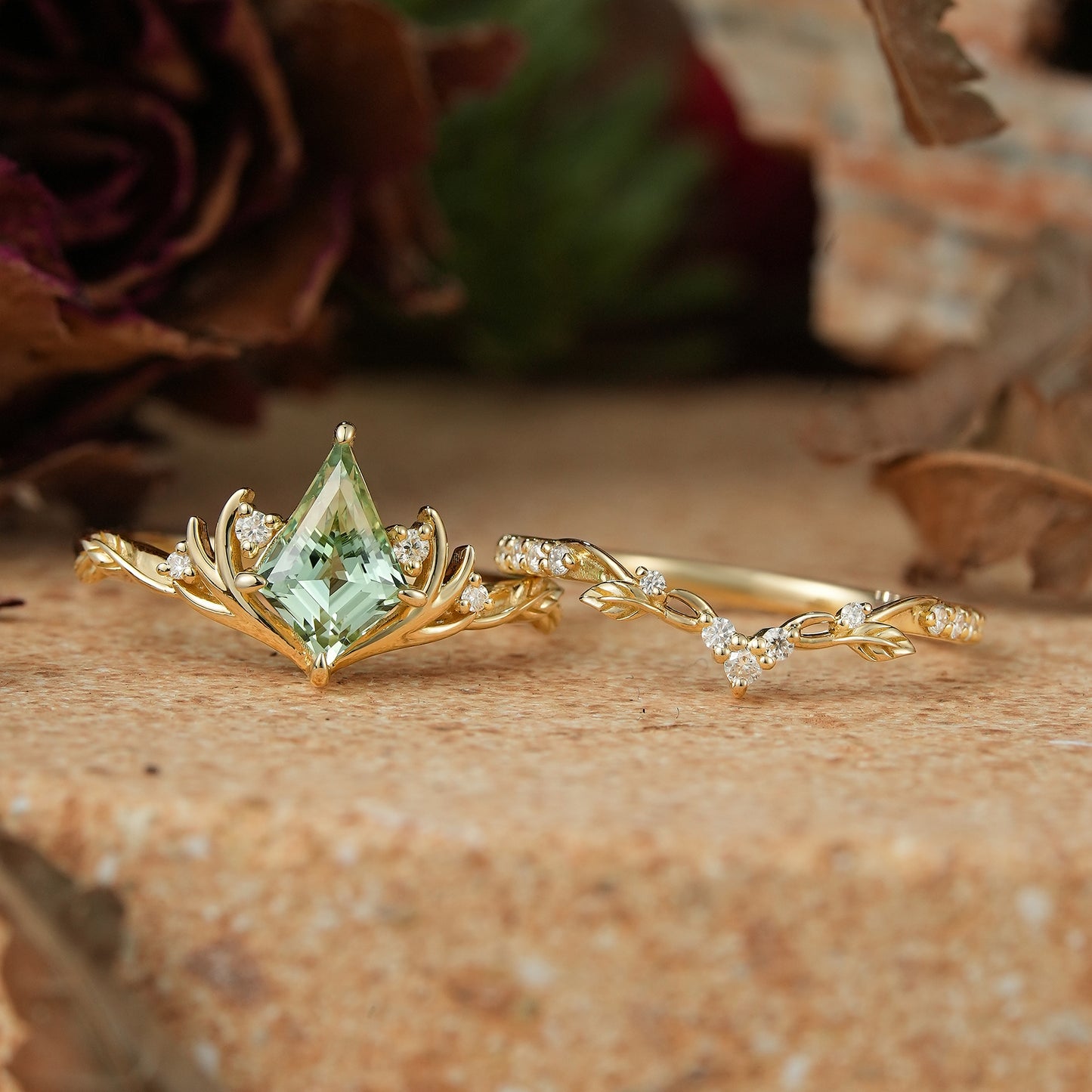 Kite Cut Green Sapphire Stag Inspired Bridal Ring Set Elven Ring Set