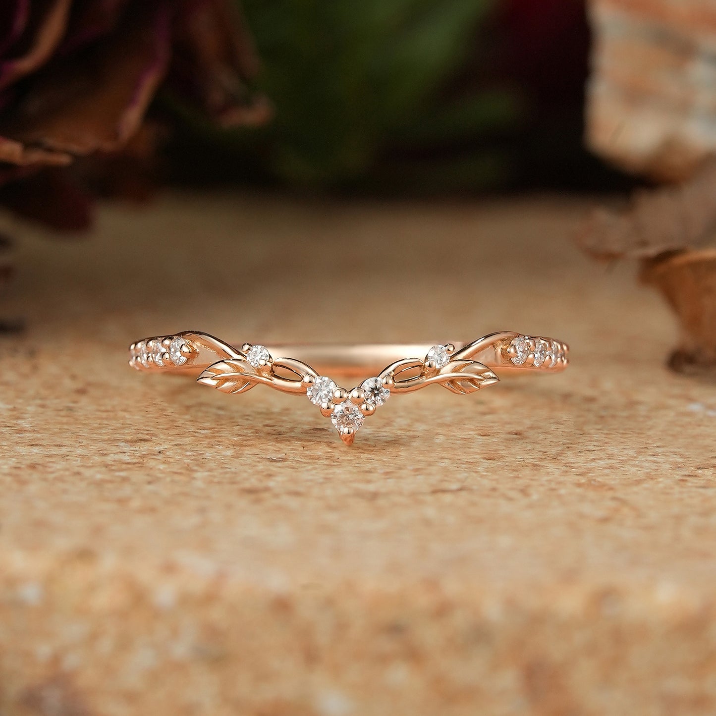 Moissanite Leaf And Stag Inspired Curved Wedding Ring