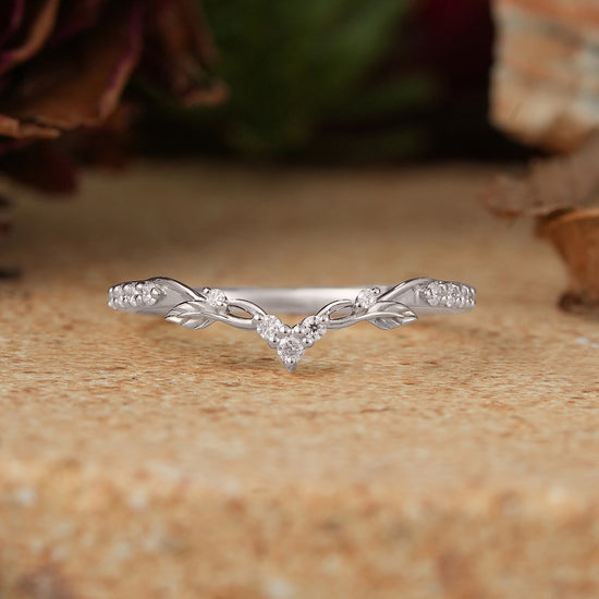 Moissanite Leaf And Stag Inspired Curved Wedding Ring