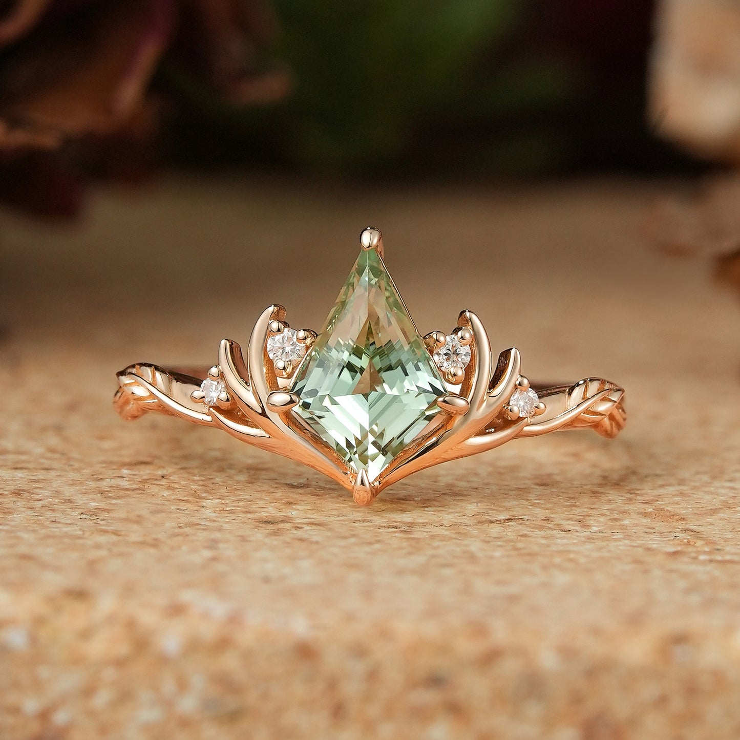 Kite Cut Green Sapphire Stag Inspired Engagement Ring Elven Ring