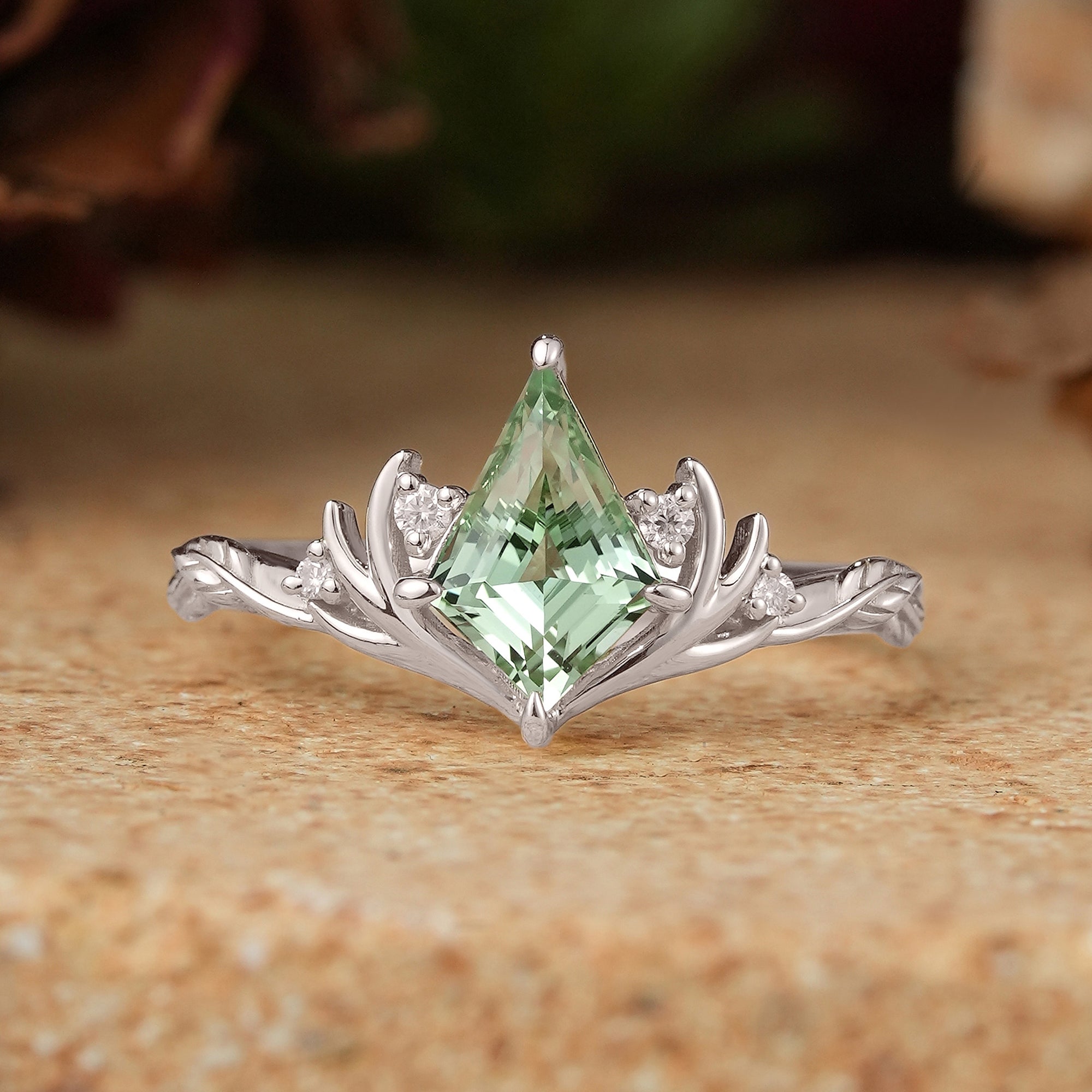 Kite Cut Green Sapphire Stag Inspired Engagement Ring Elven Ring