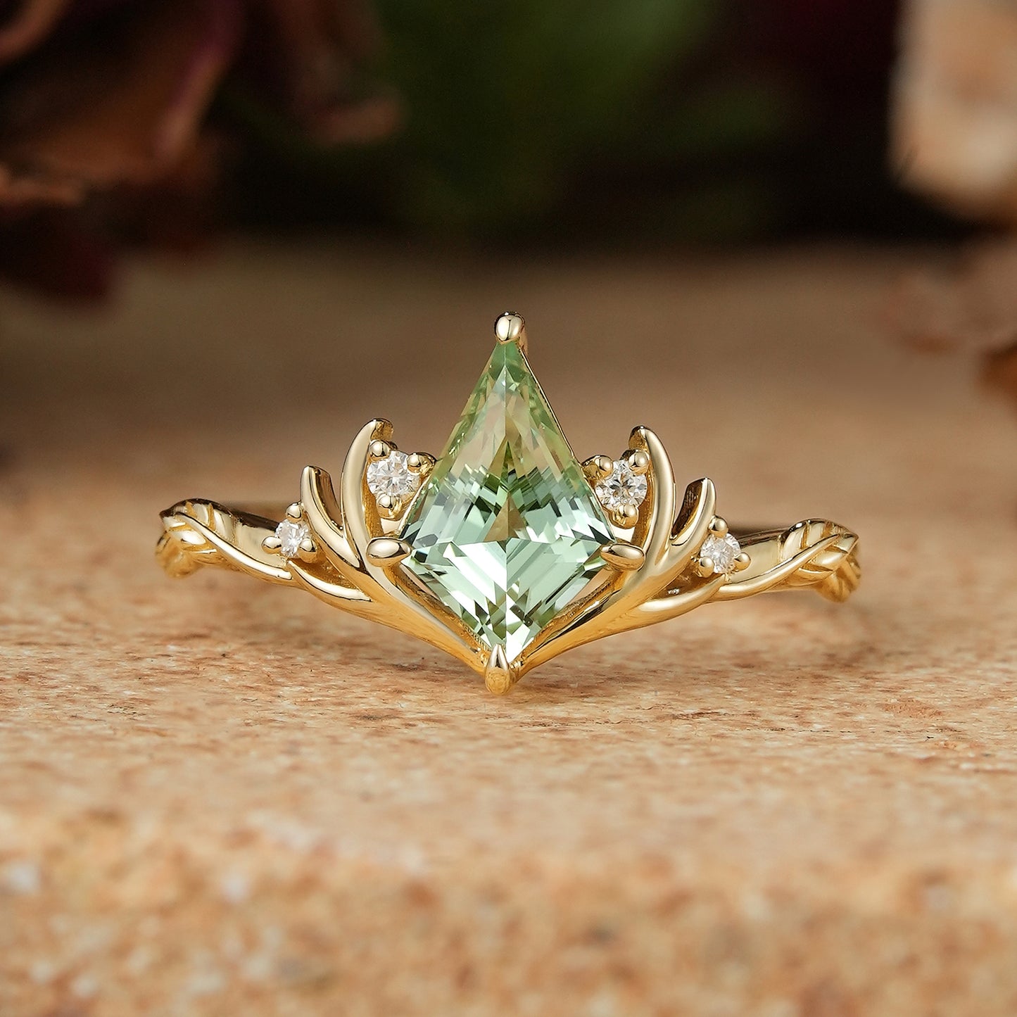 Kite Cut Green Sapphire Stag Inspired Engagement Ring Elven Ring