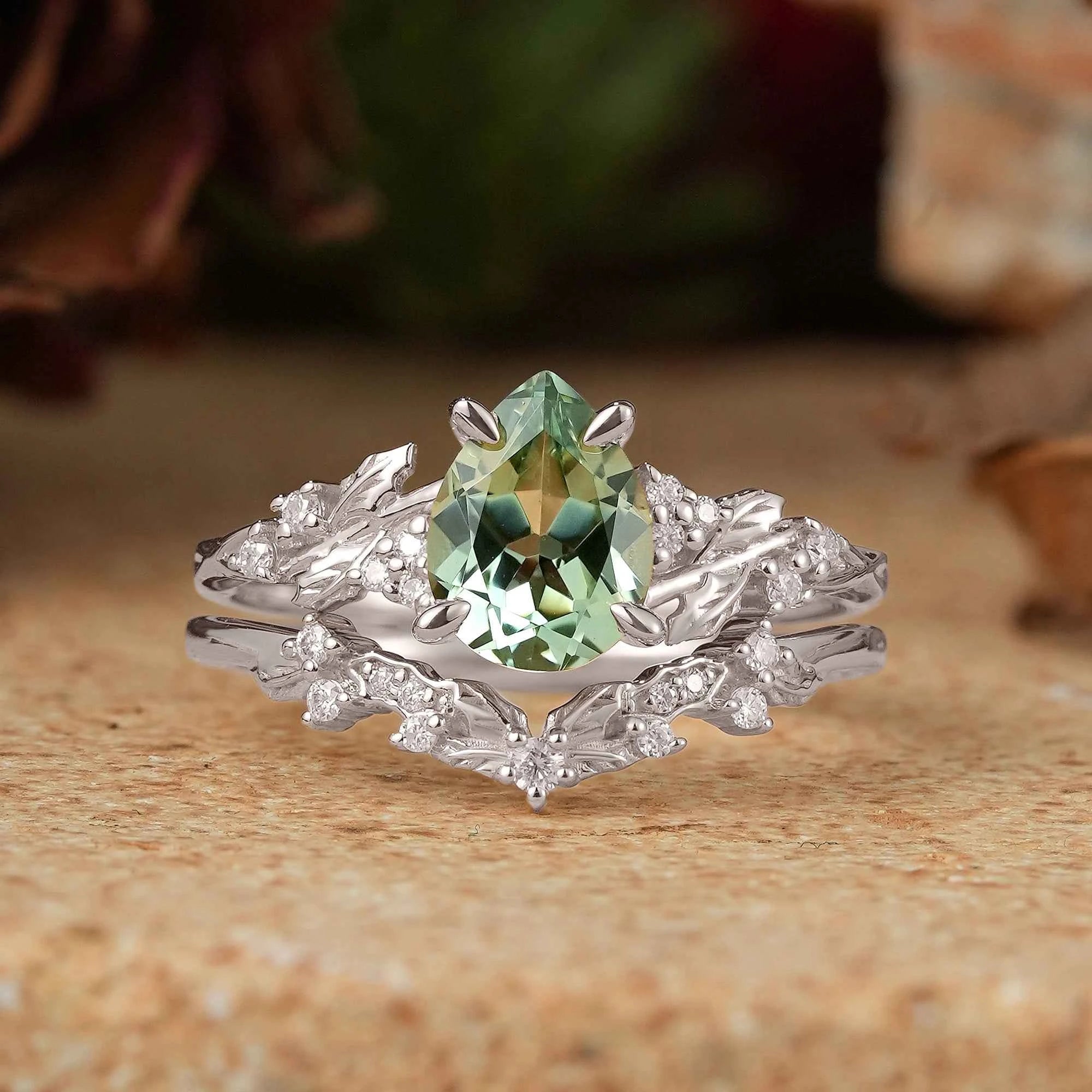 Pear Green Sapphire Nature Inspired Bridal Ring Set Mistletoe Ring Set