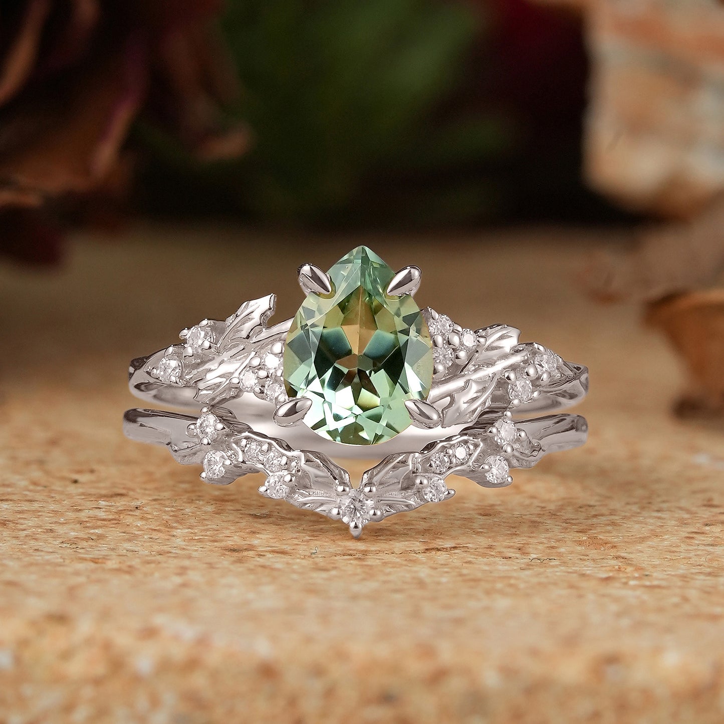 Pear Green Sapphire Nature Inspired Bridal Ring Set Mistletoe Ring Set